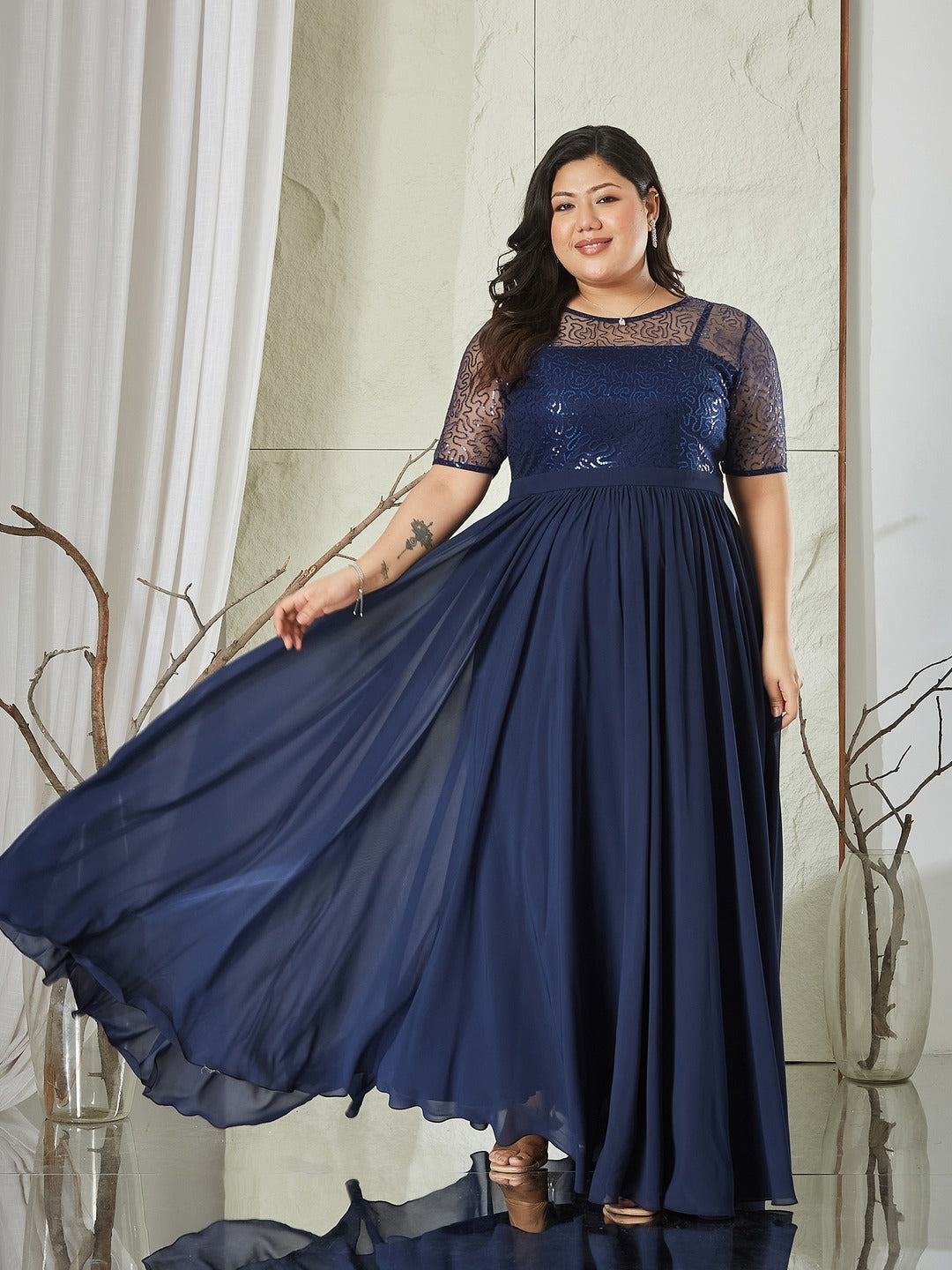 Navy Blue Relaxed Fit Maxi Georgette & Sequins Dress for Women