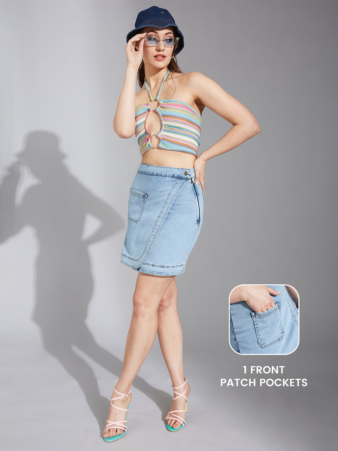 Women's Light Blue Regular High-Rise Clean-Look Above-Knee Stretchable Denim Skirt