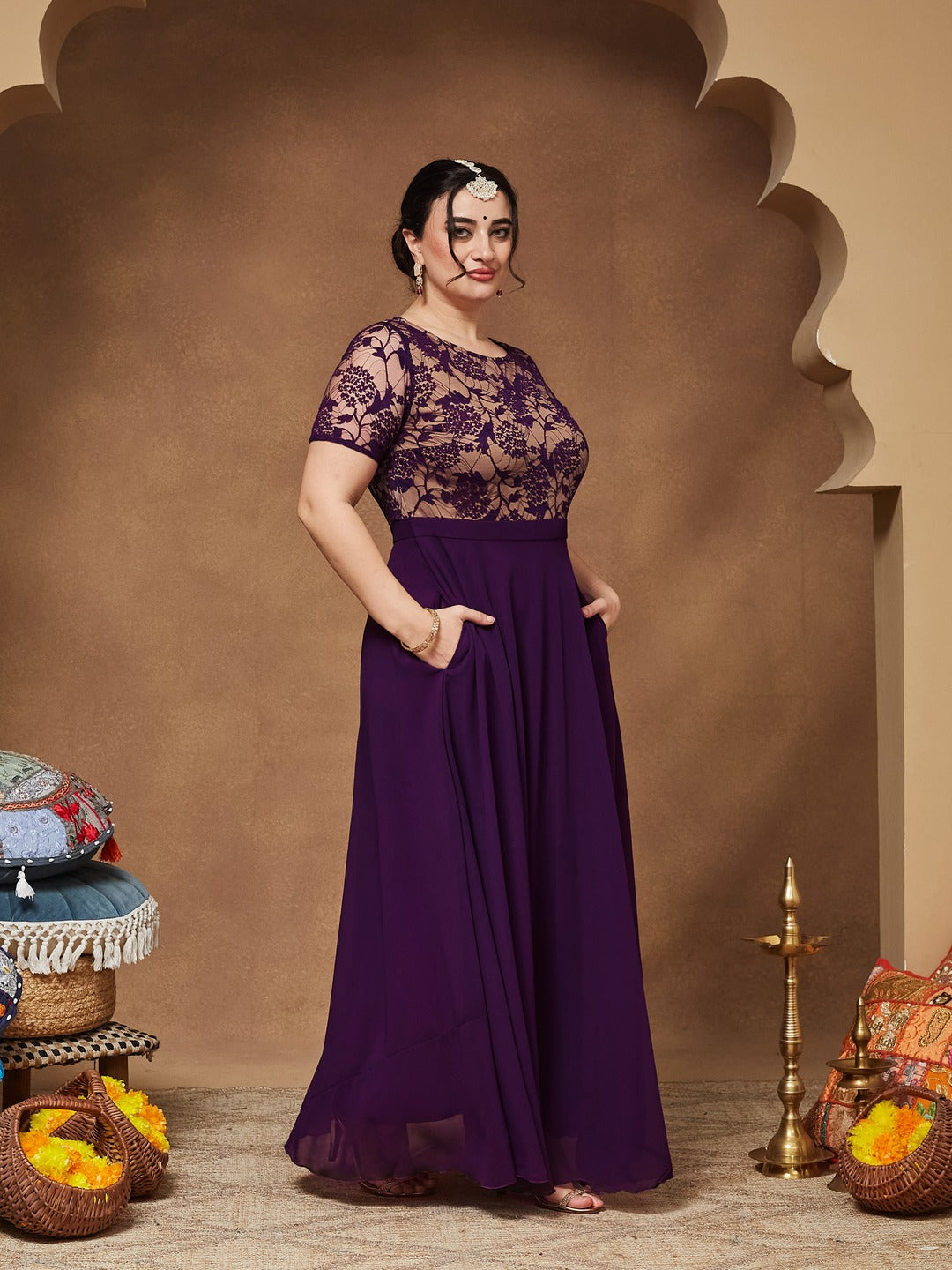 Dark Purple Round Neck Half Sleeve Self Design Fit & Flare Georgette Maxi Dress for Women