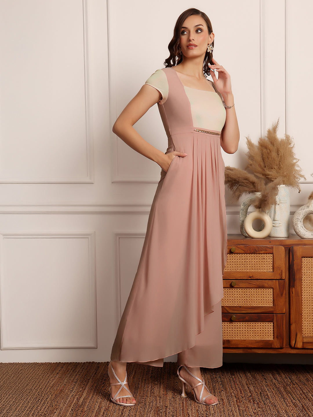 Women's Dusty Peach Square Neck Short Sleeve Embellished Pleated Regular-Length Jumpsuit