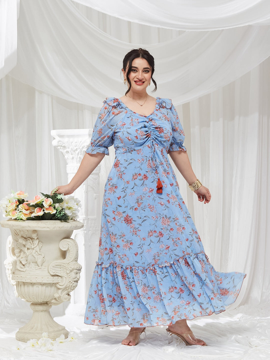 Powder Blue V-Neck Puff Sleeve Floral Ruching Ankle-Length Dress for Women