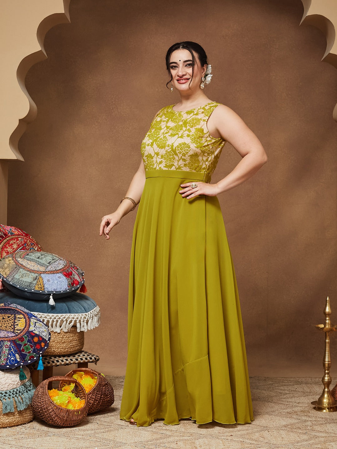 Lemon Green Round Neck Sleeveless Georgette Floral Lace Fit & Flare Maxi Dress for Women