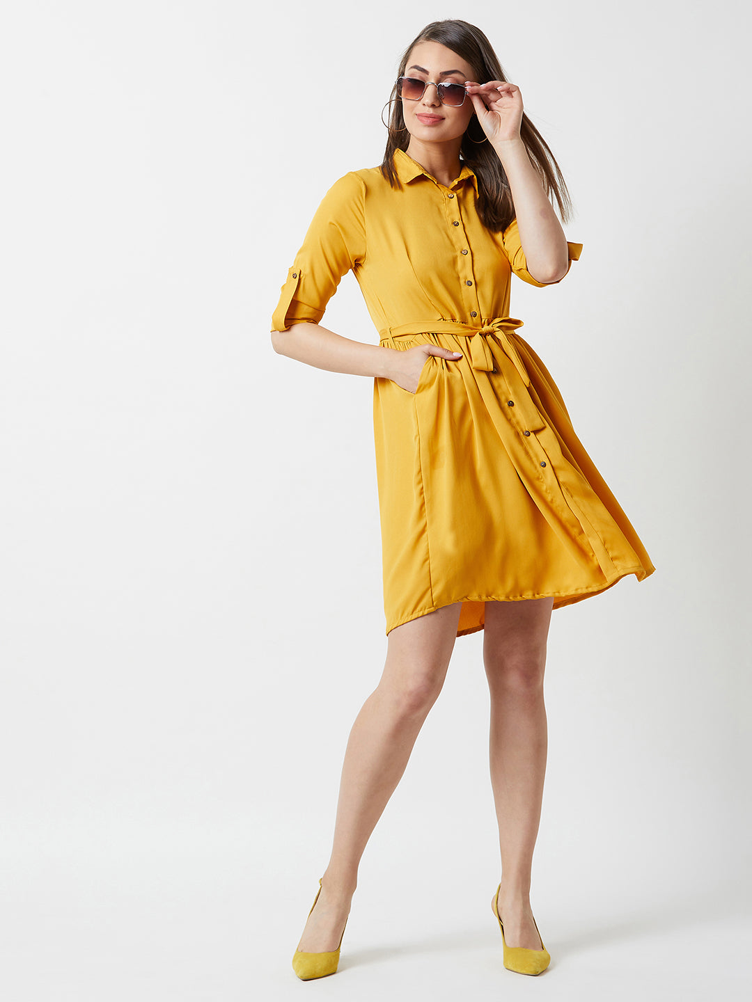 Women's Mustard Collared Round Neck Full Sleeve Solid Belted Buttoned Knee-Long Shirt Dress