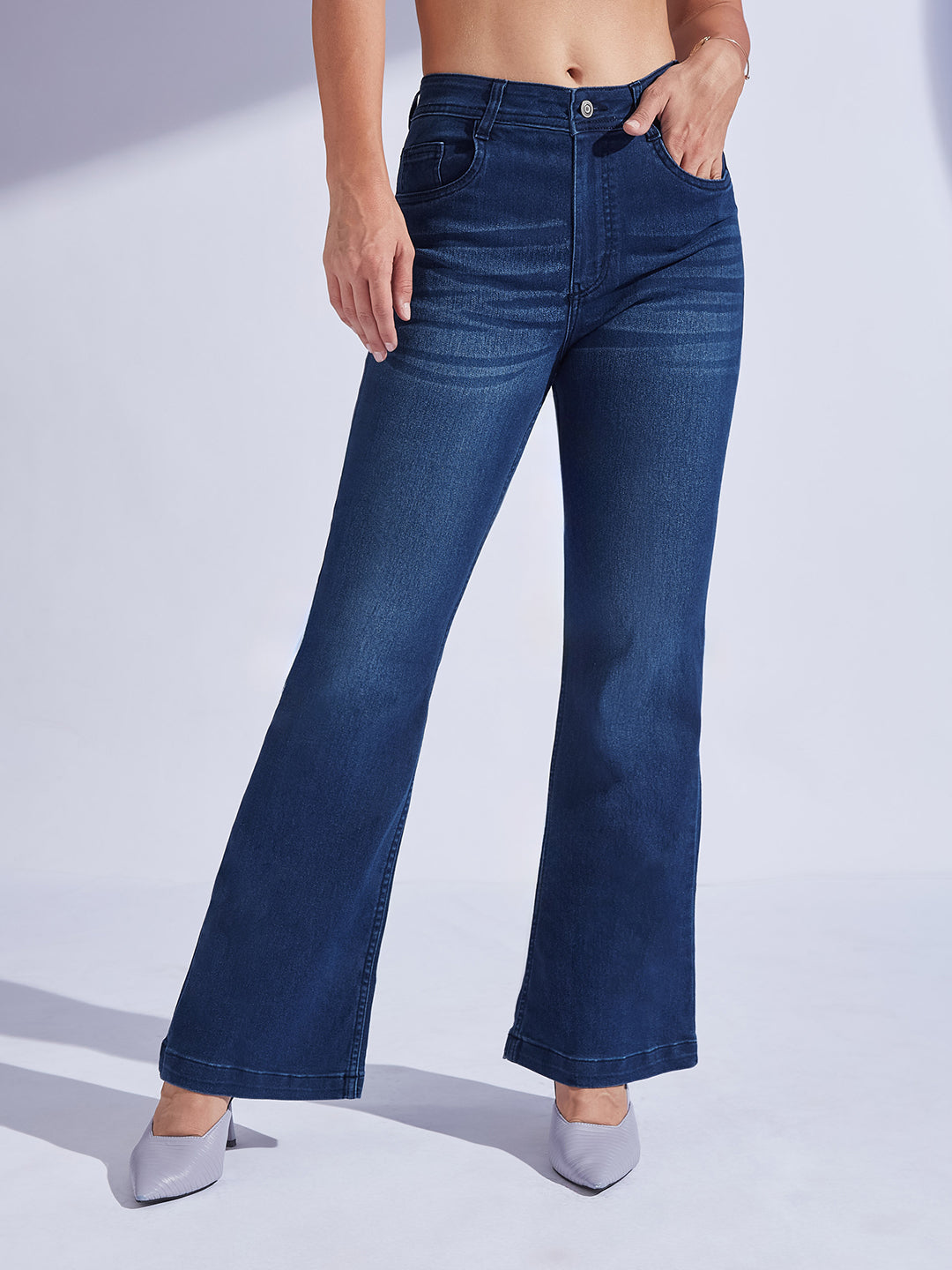 Women's Navy Blue High-Rise Stretchable Bootcut Denim Jeans