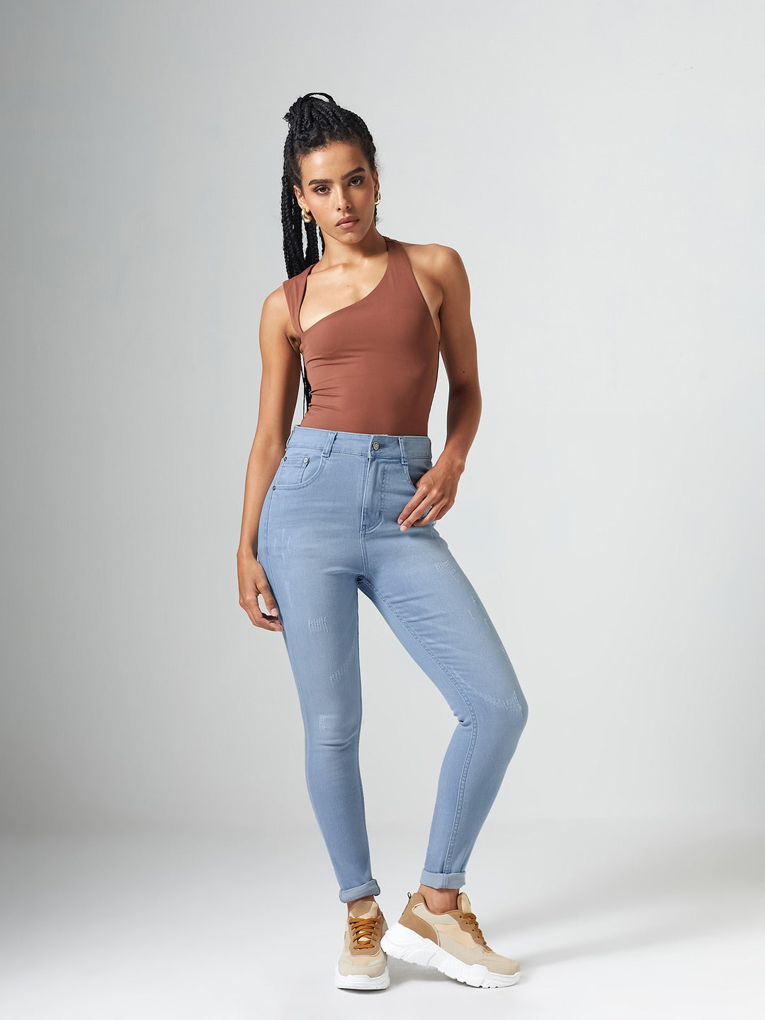 Light Blue Skinny High Rise Mild Distress Regular Stretchable Denim Jeans for Women