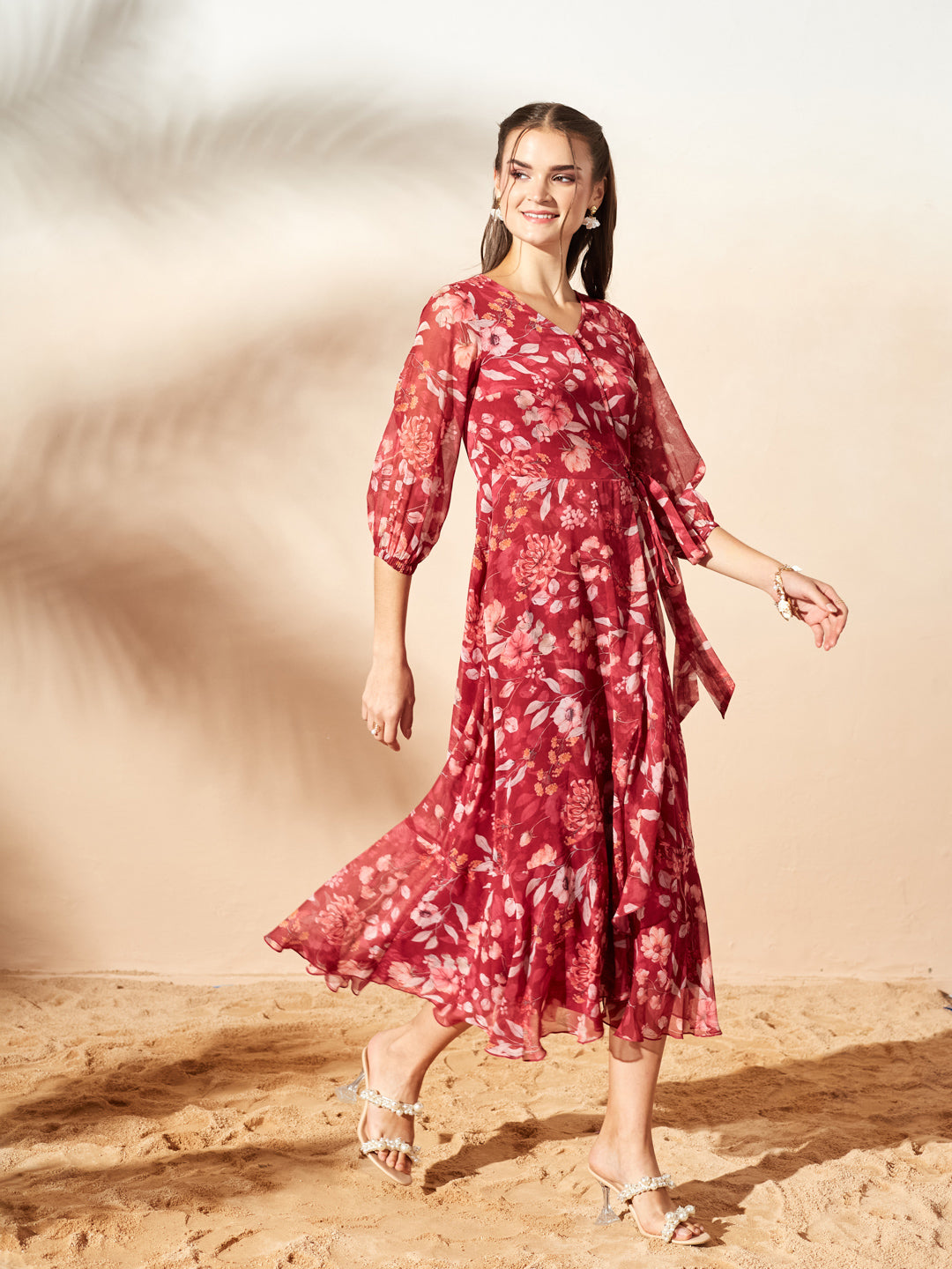 Women’s Multicolored Maroon Floral V-Neck 3/4 Sleeve Wrap Midi Chiffon Dress for Women