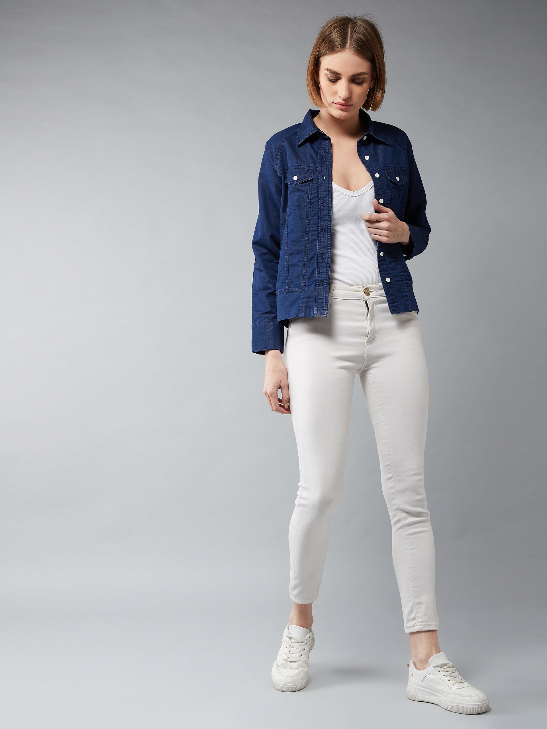 Women's Navy Polo Neck Full Sleeves Flap Detailing Denim Solid Regular Length Bomber Jacket