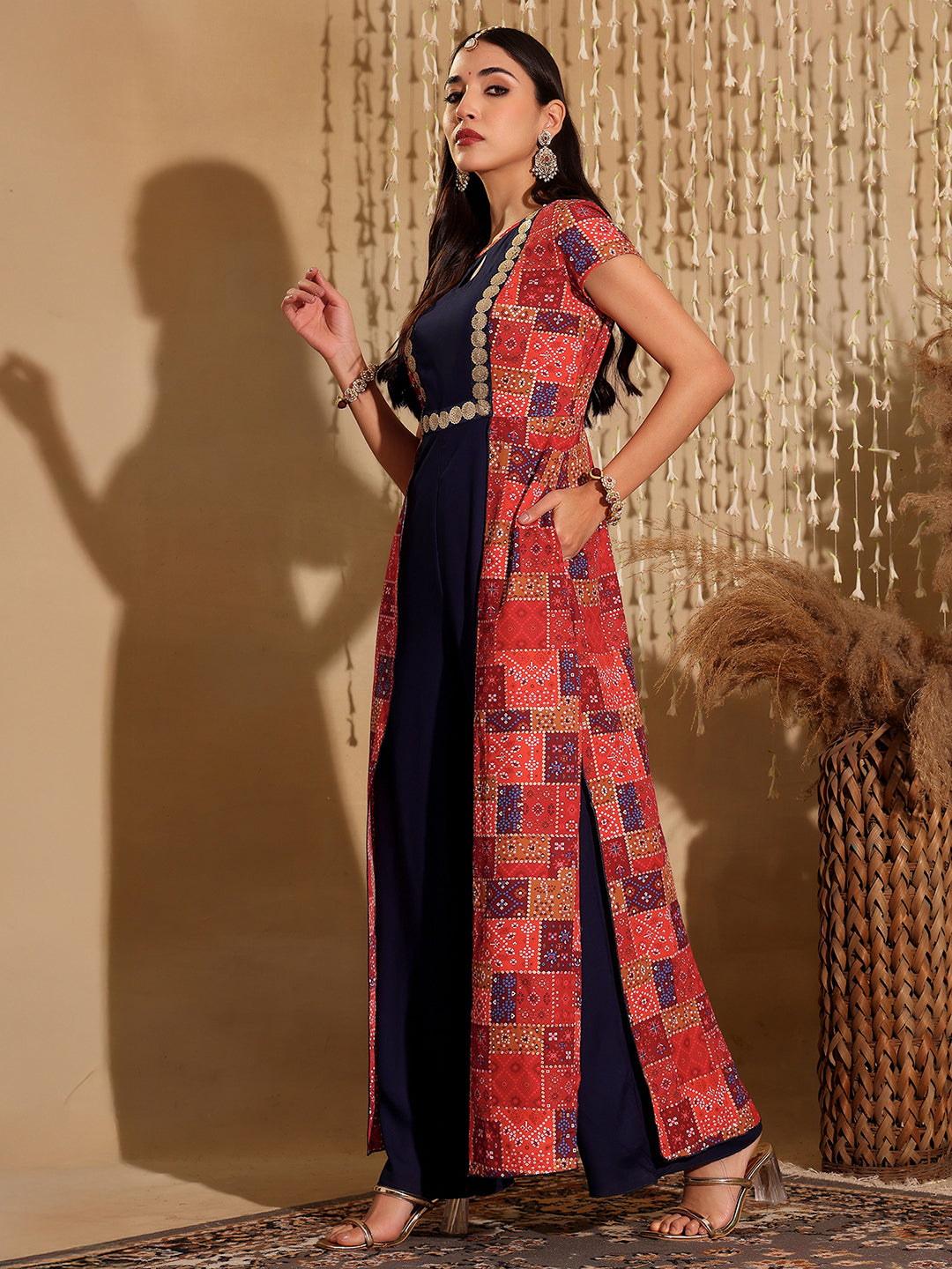 Women's Multicolored-Base-Navy Blue Keyhole-Neck Regular Sleeve Bohemian Paneled Viscose-Rayon Regular-Length Jumpsuit