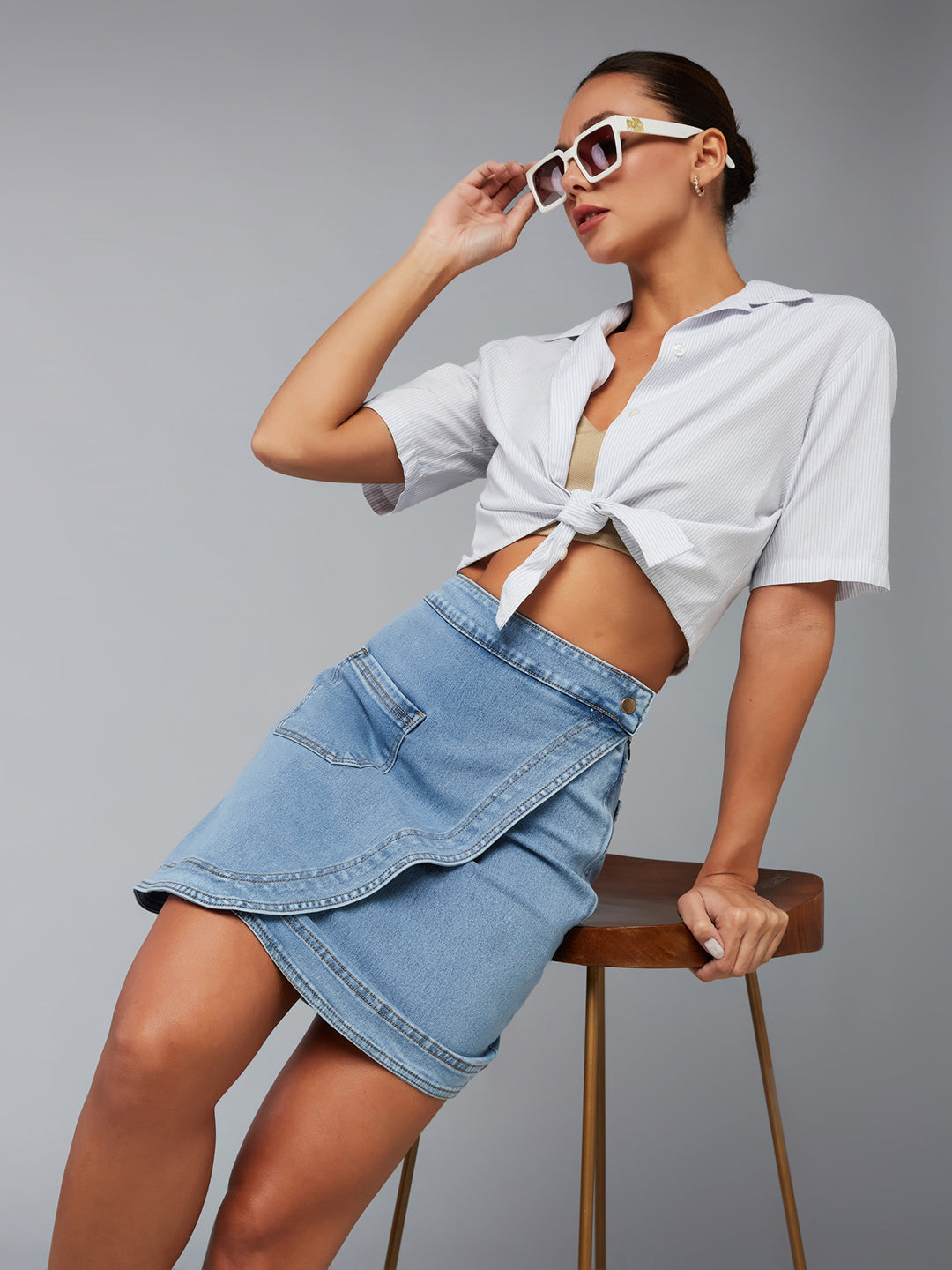 Women's Light Blue High Rise Above Knee Stretchable Denim Skirt