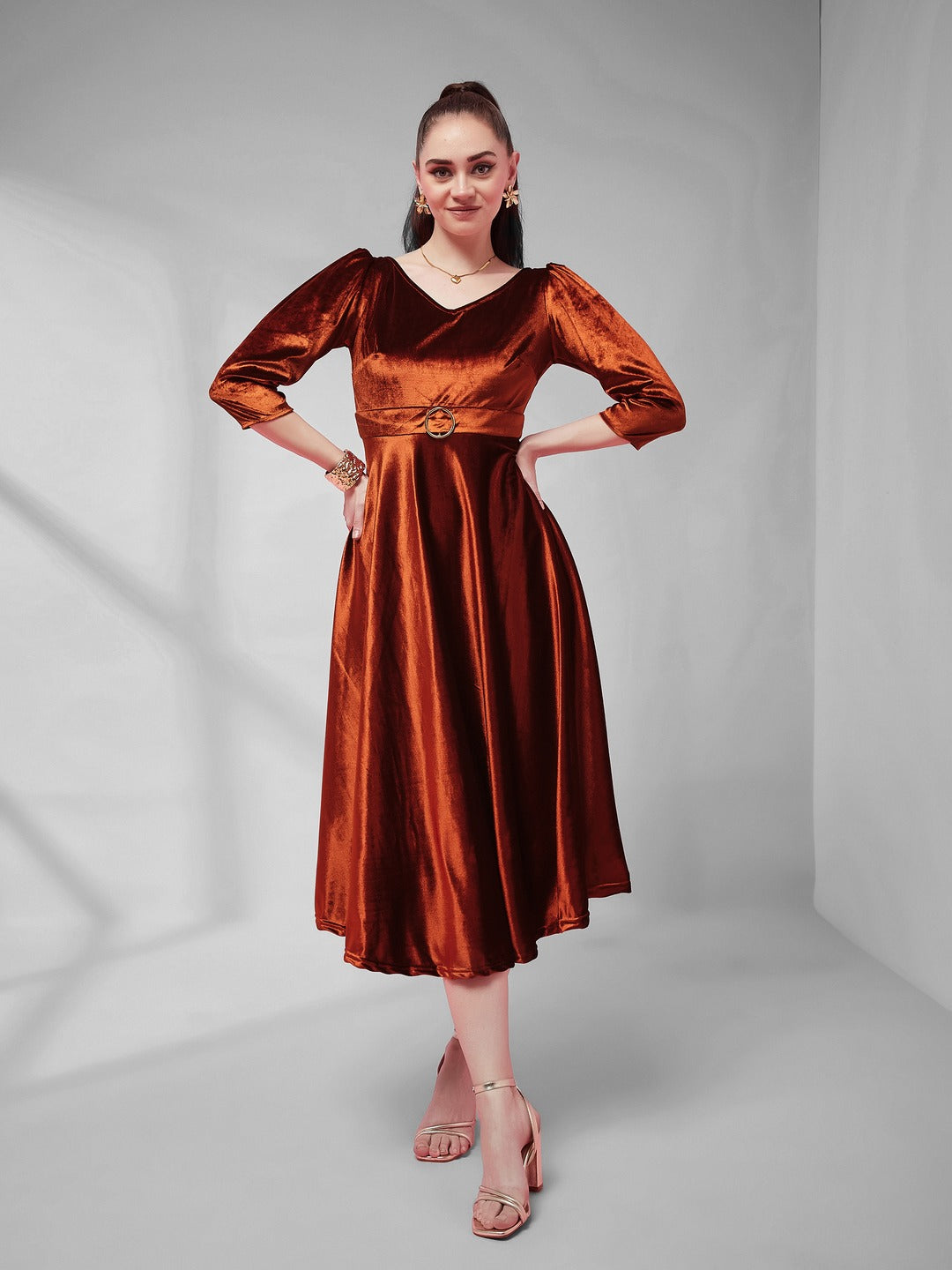 Rust V-Neck Three-Quarter Sleeve Solid Fit & Flare Midi Velvet Dress for Women