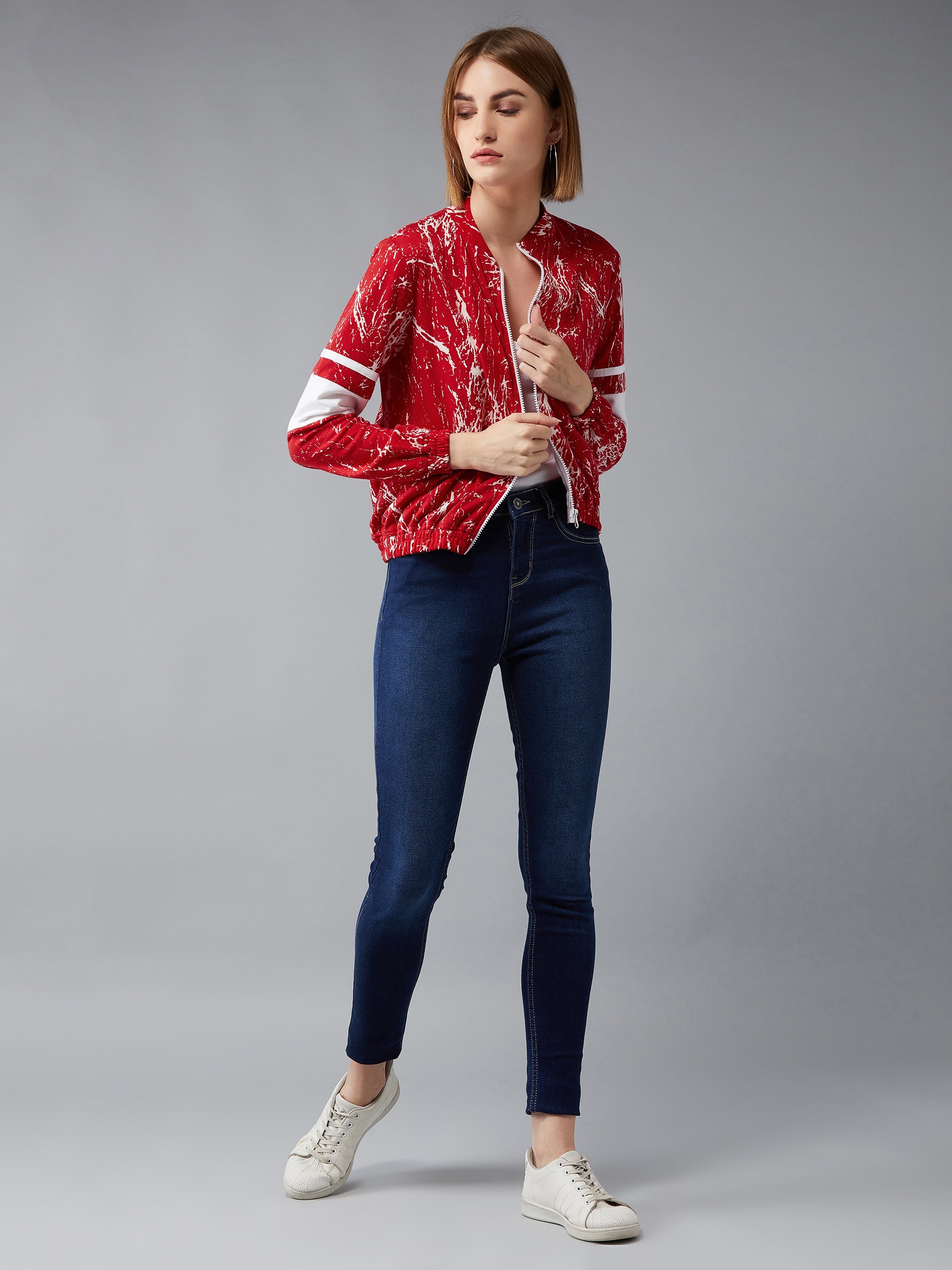 Women's Multicolored-Base-Red Round Neck Full Sleeves Printed Bomber/Paneled Regular Length Jacket