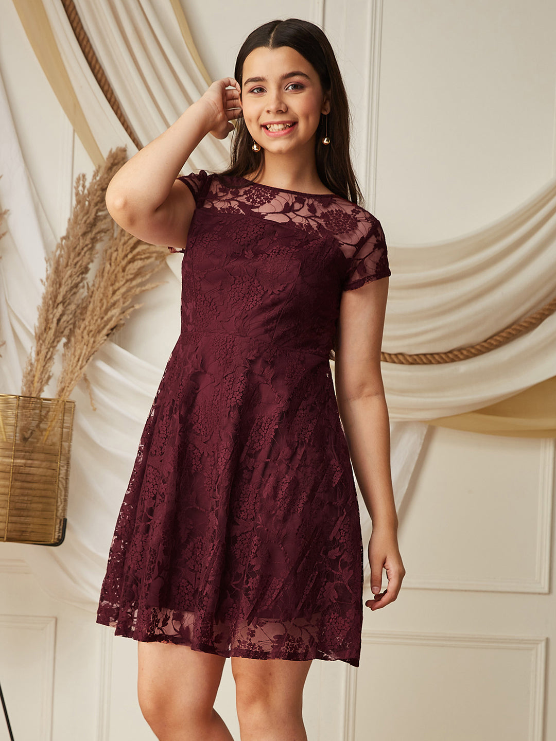 Wine Round Neck Cap Sleeves Low Back Lace Skater Dress for Girls/Teenagers