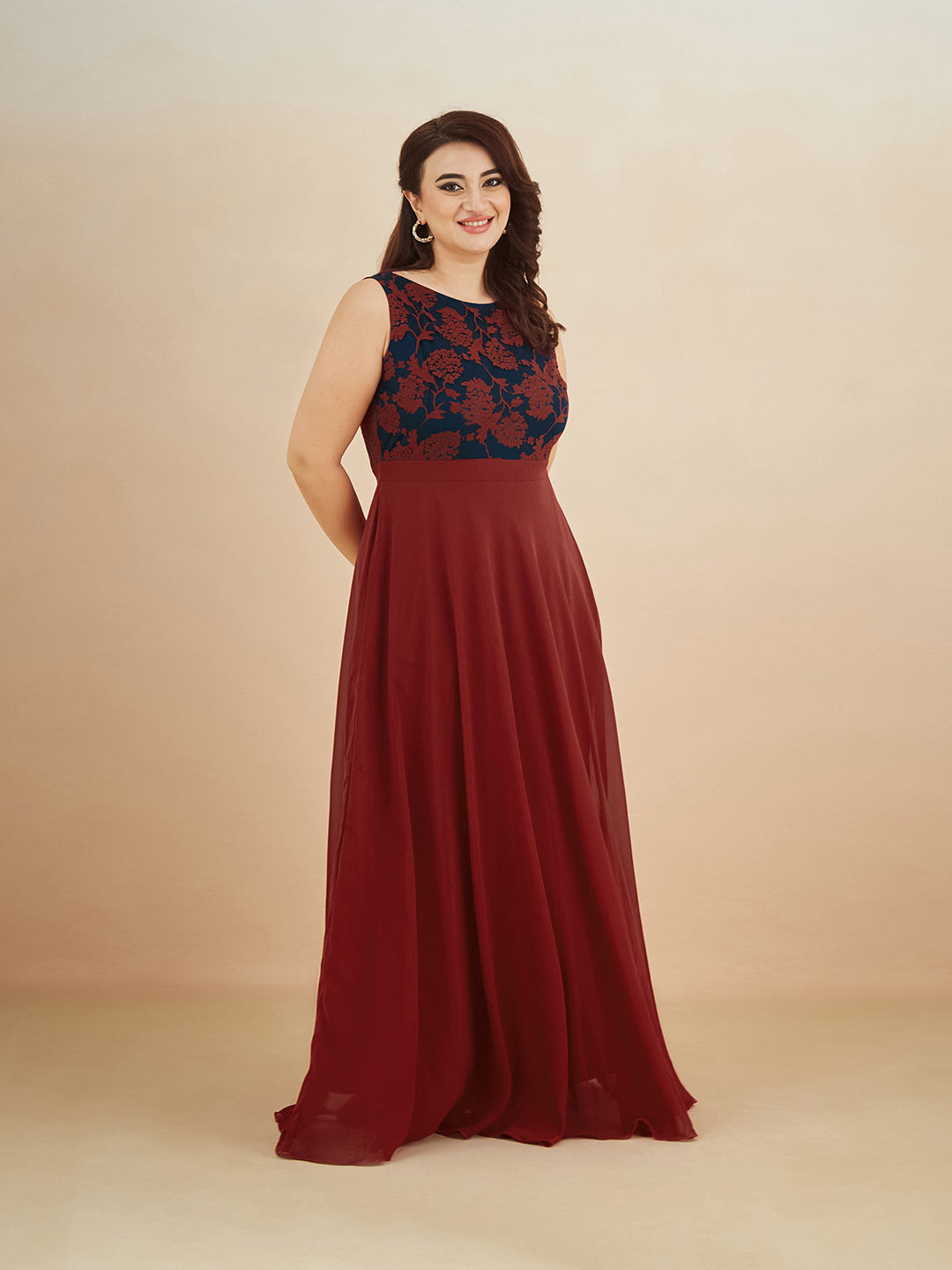 Maroon & Teal Boat Neck Sleeveless Self Design Lace Overlaid Maxi Dress for Women