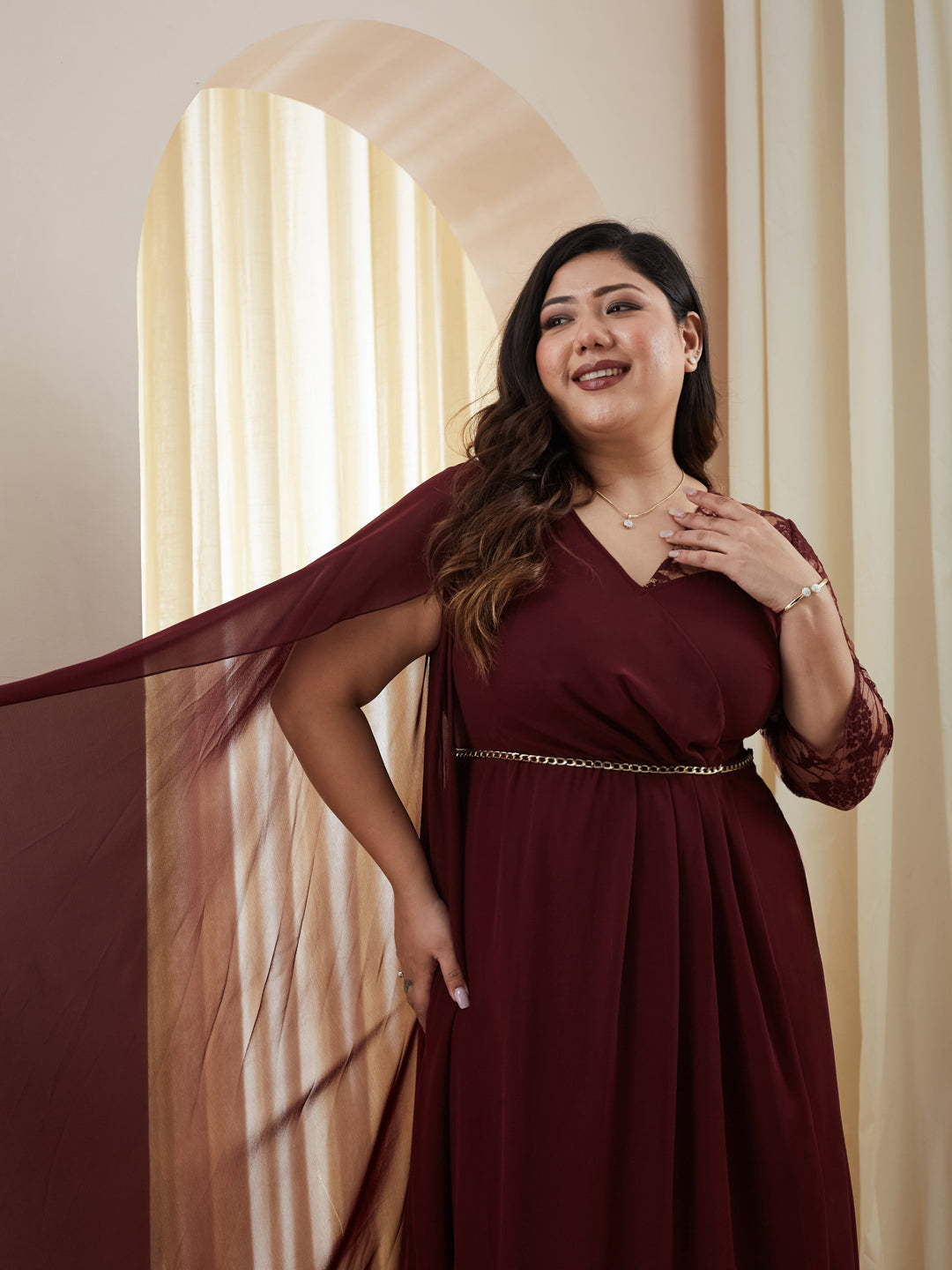 Wine V-Neck Three-Quarter Sleeve Self-Designed Asymmetric Georgette Maxi Dress for Women