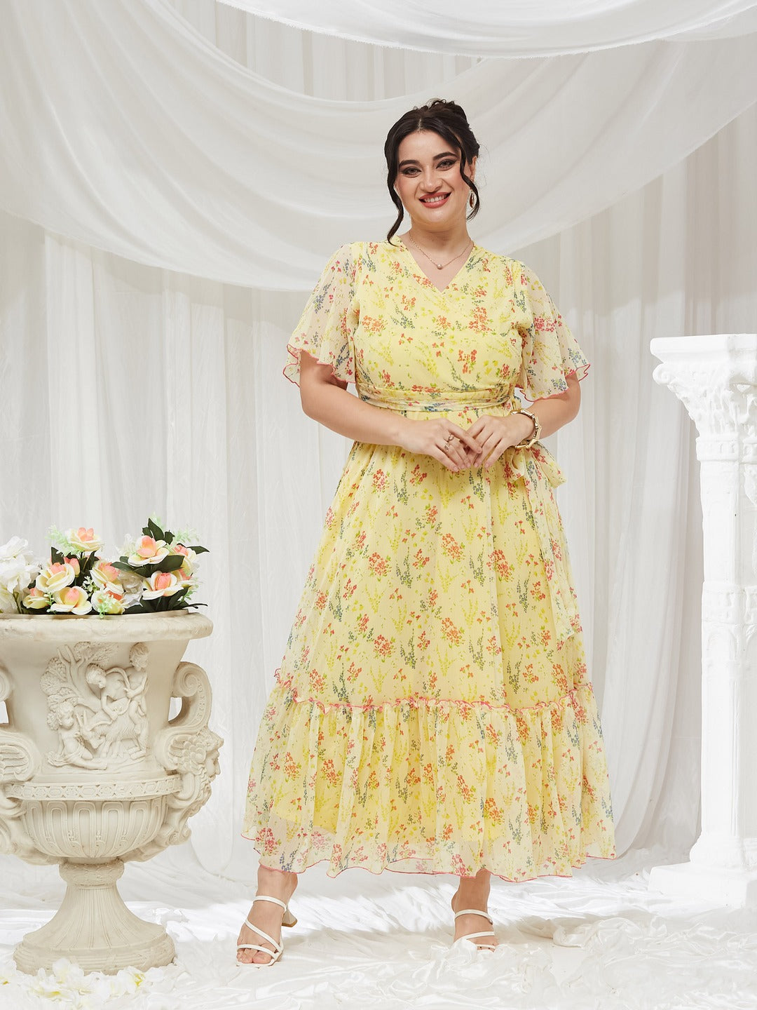 Yellow V Neck Flared Sleeve Floral Wrap Maxi Dress for Women