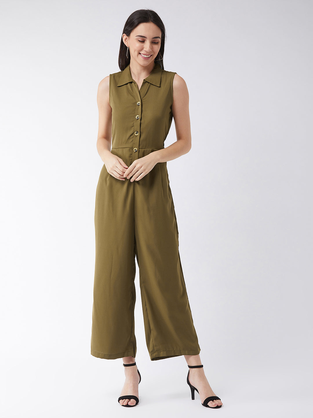 Women's Olive Green Solid Regular Length V - Neck Sleeveless Front Pleat Wide Leg Jumpsuit