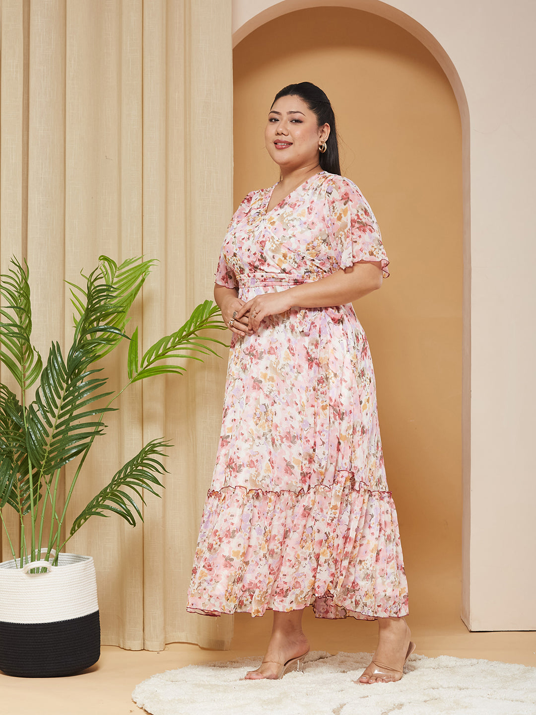 Multicolored-Base-Pink V-Neck Flared-Sleeves Floral Wrap Chiffon Maxi Dress for Women