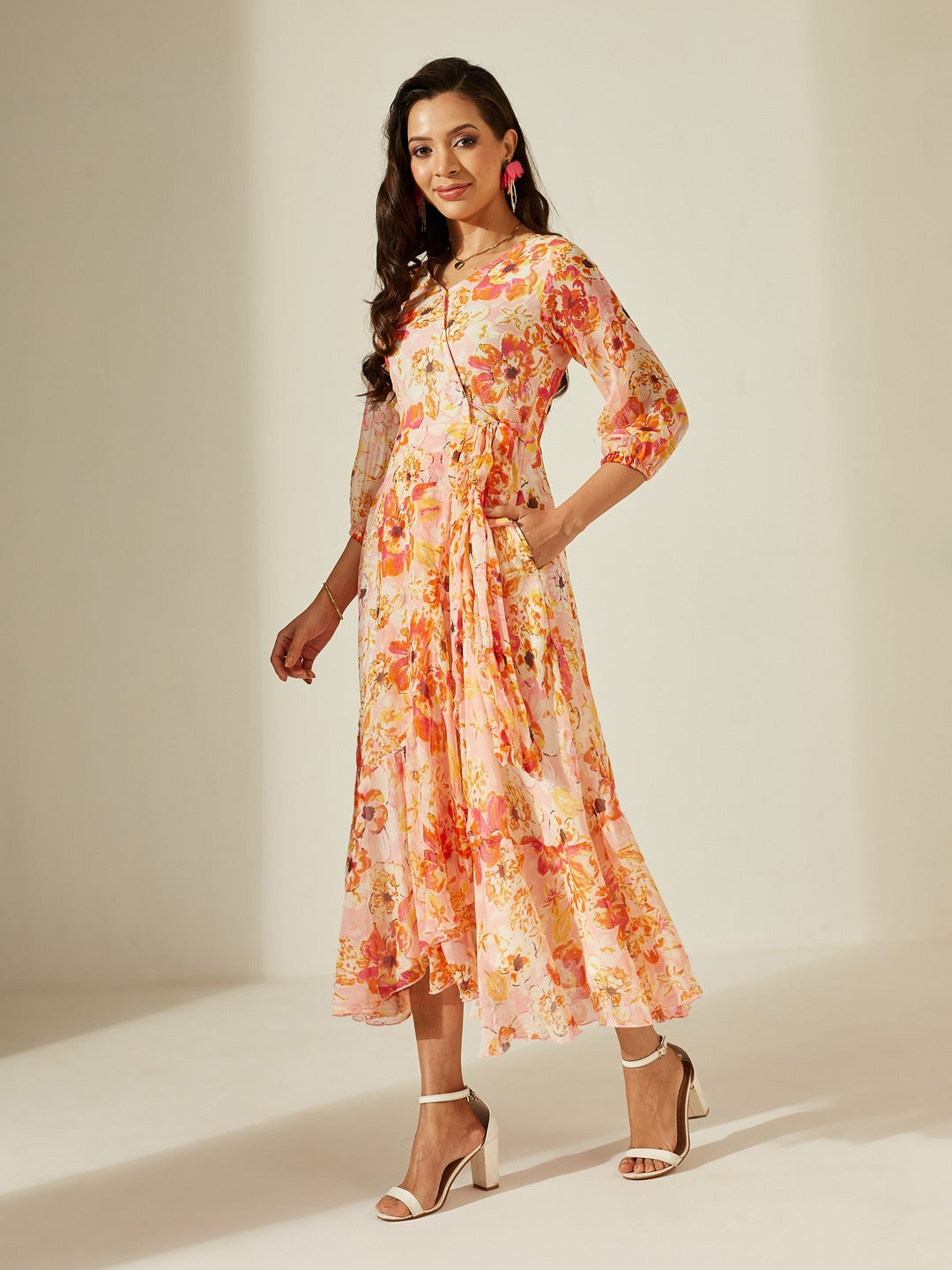 Pink & Orange V-Neck Bishop Floral Layered Chiffon Maxi Dress for Women