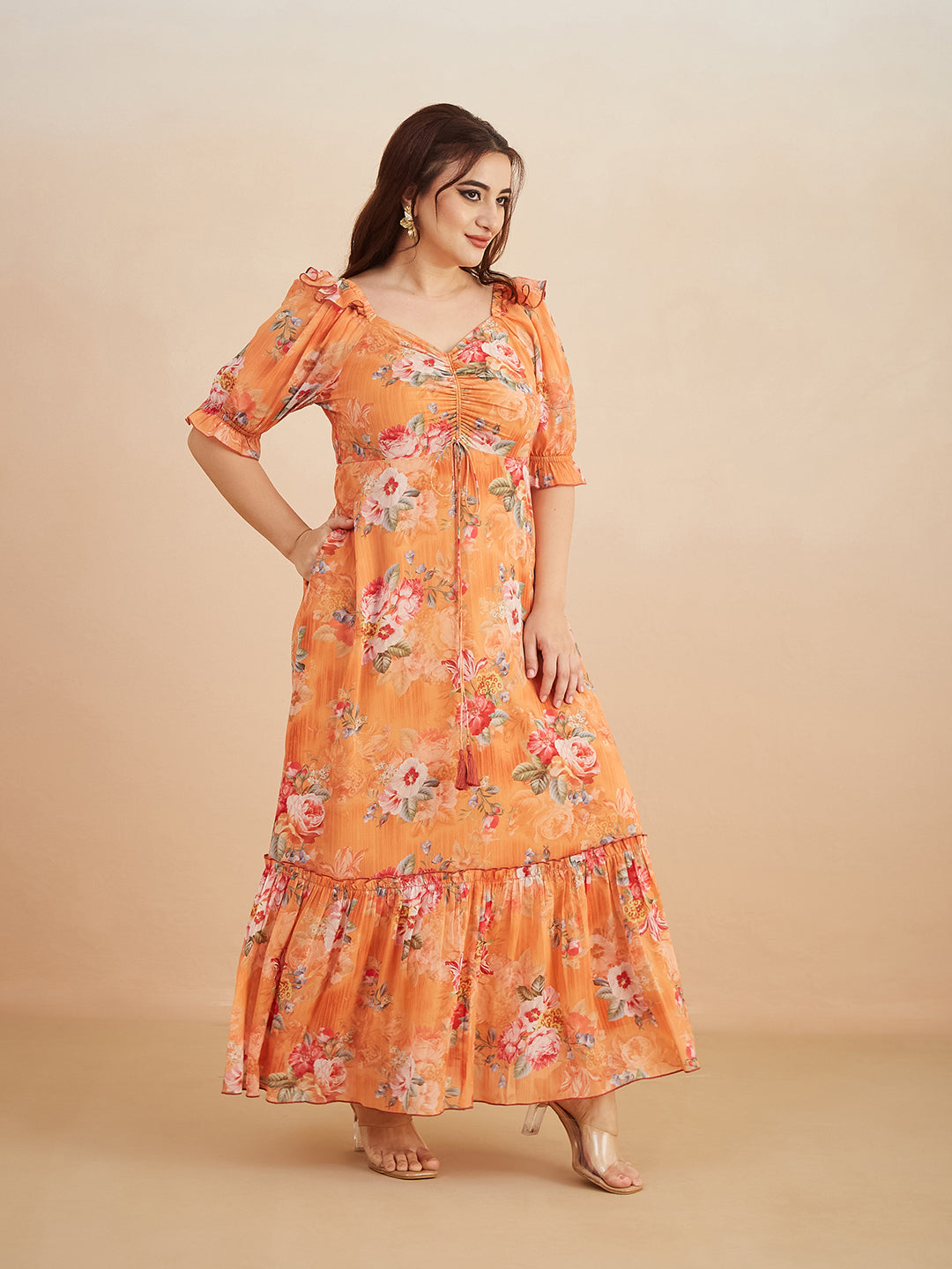 Multicolored-Base-Orange V-Neck Puff Sleeve Floral Ruching Ankle-Length Dress for Women