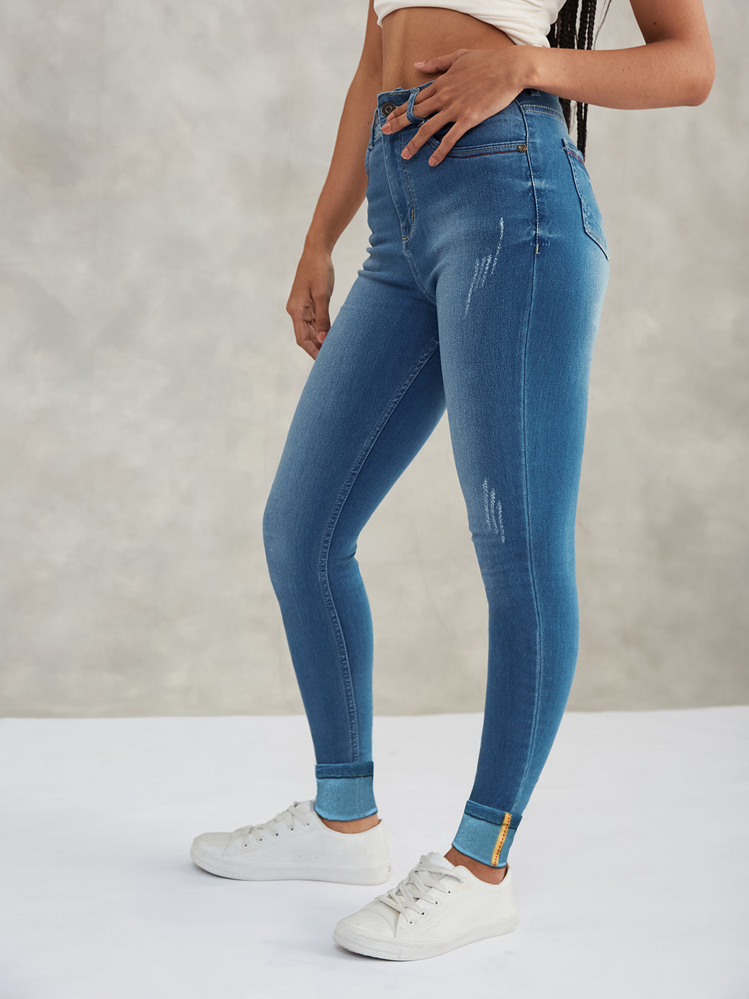 Women's Blue Skinny High-Rise Twill Tape Detailing Scraped Stretchable Denim Jeans