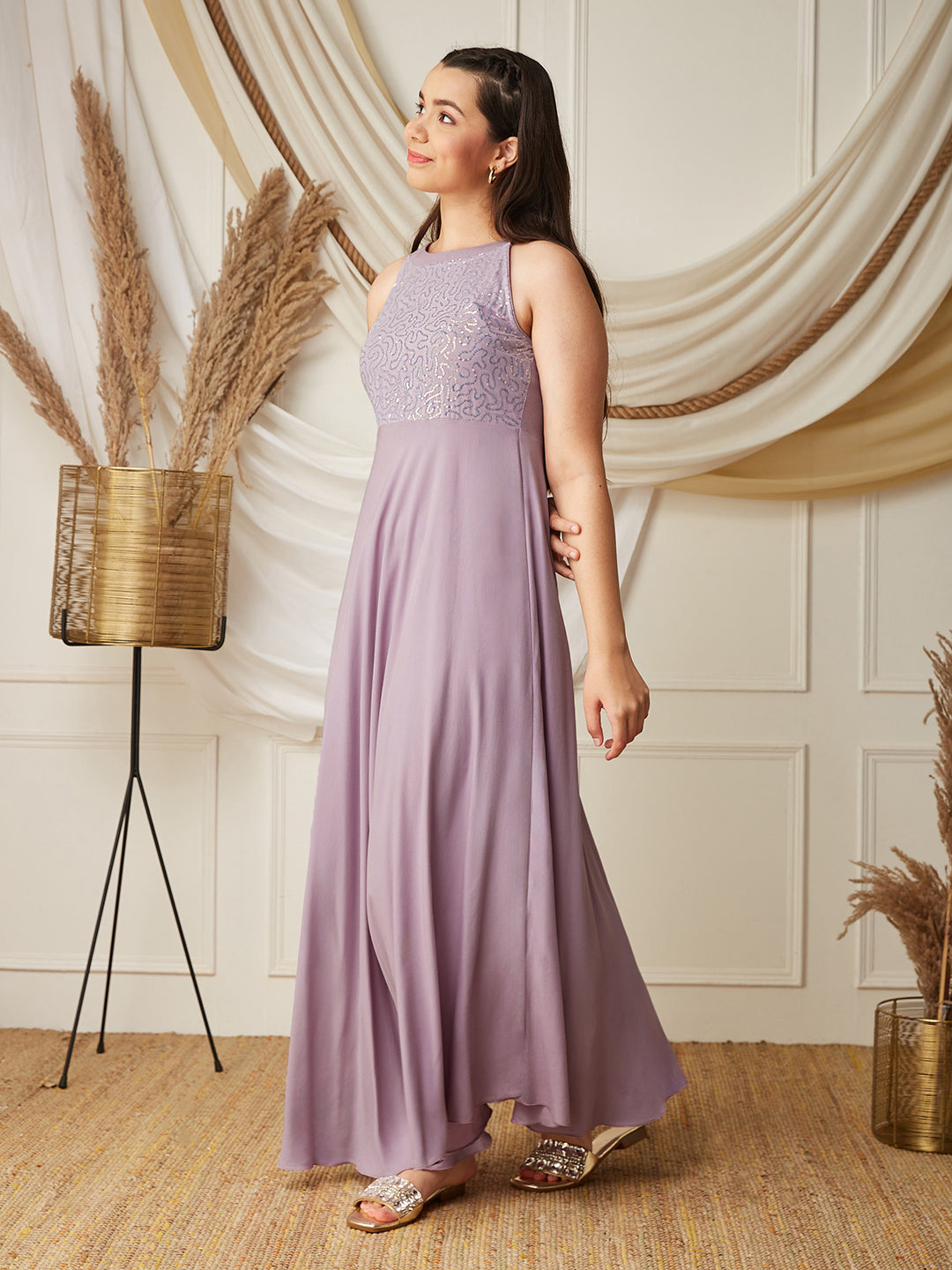 Lavender Halter-Neck Sleeveless Embellished Fit & Flare Viscose-Rayon Maxi Dress