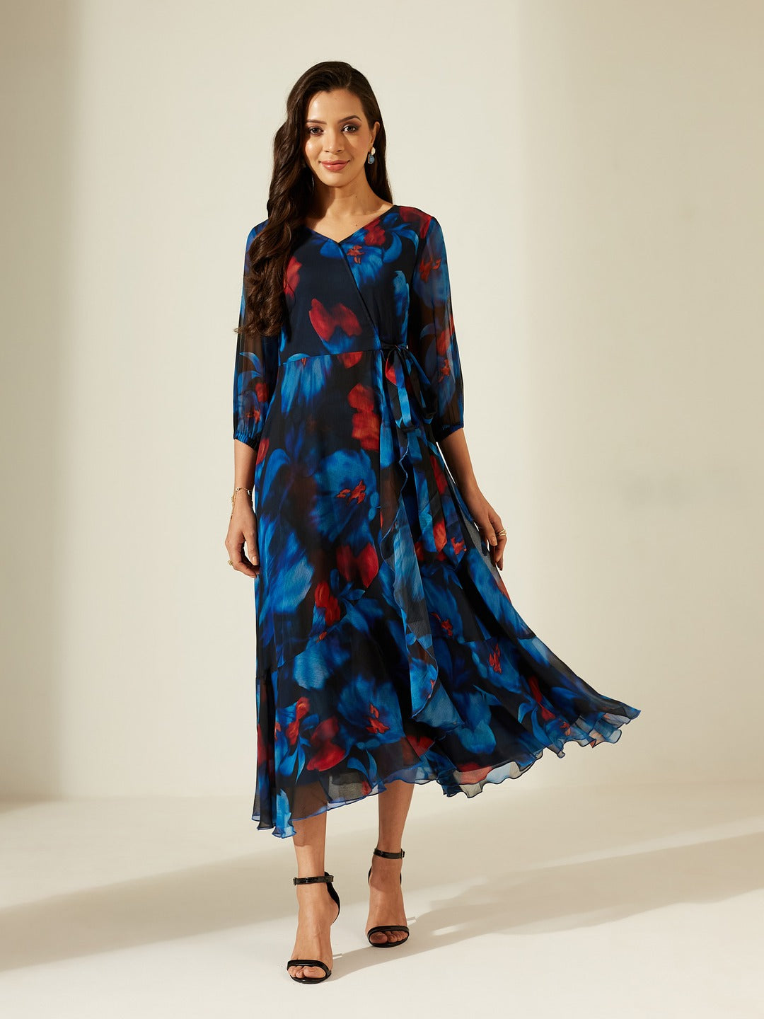 Black Floral V-Neck 3/4 Sleeve Wrap Chiffon Midi Dress for Women