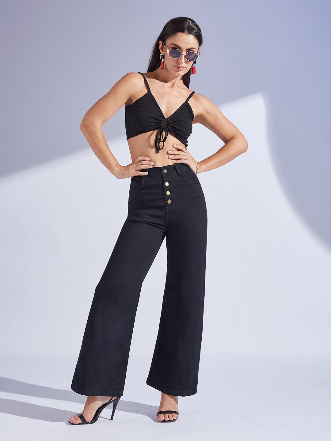 Women's Black Wide Leg High-Rise Regular Stretchable Denim Jeans
