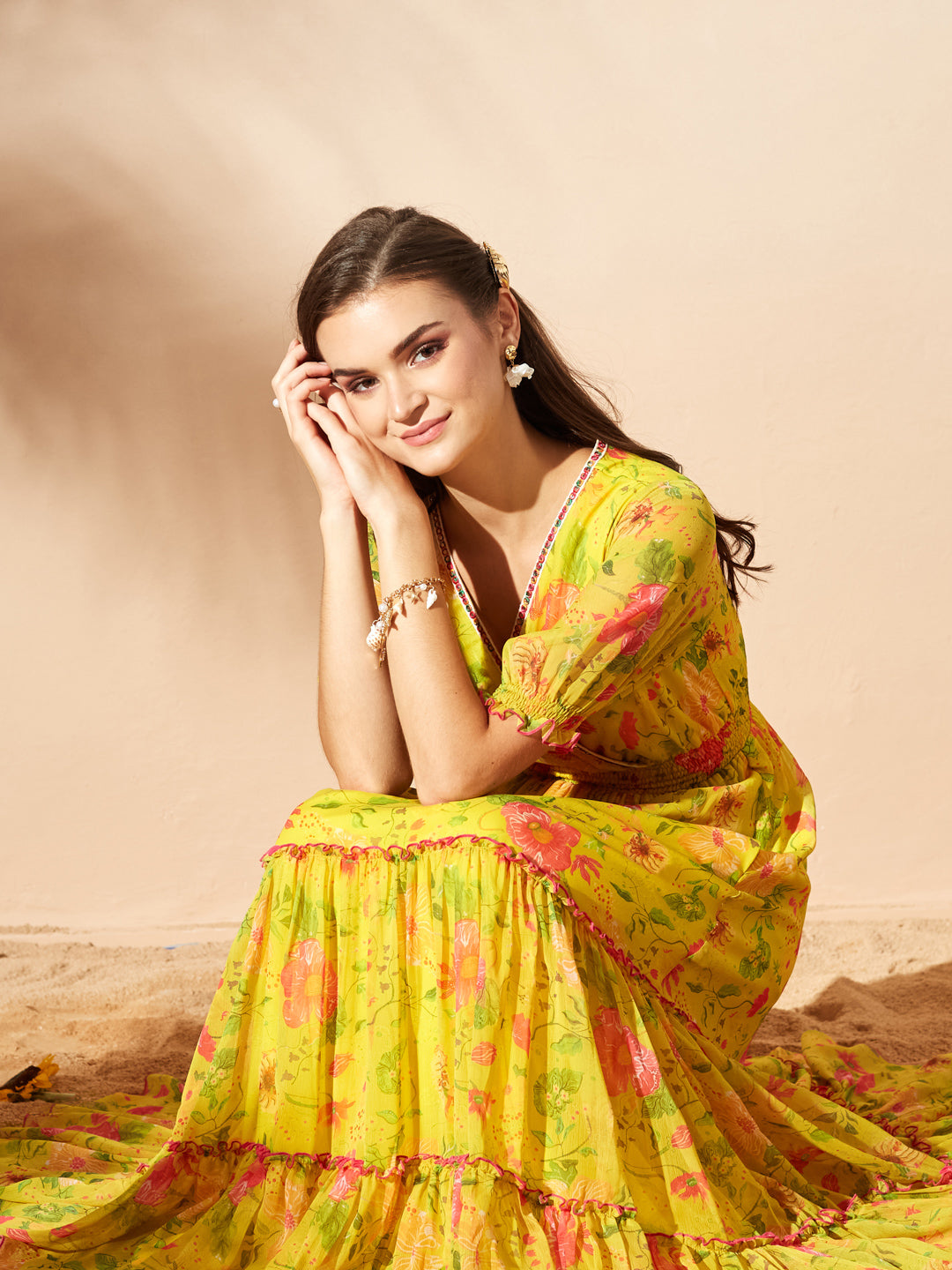 Acid Yellow V-Neck Puff Floral Overlap/ Tiered Maxi Chiffon Ethnic Dress for Women — Miss Chase