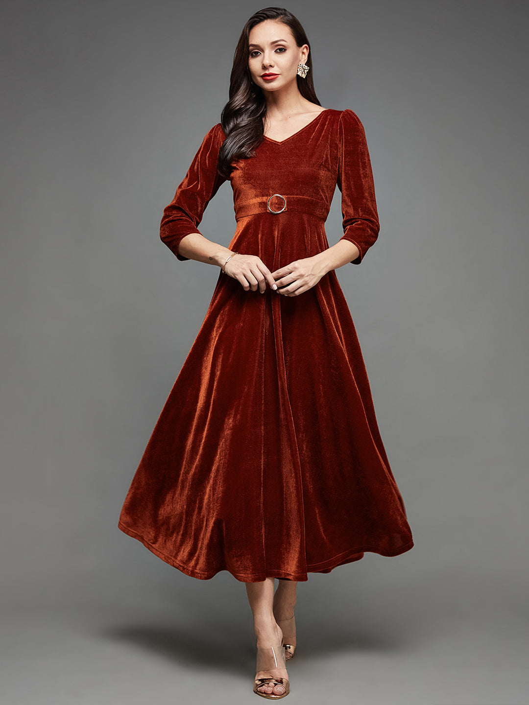Rust V-Neck Three-Quarter Sleeve Solid Fit & Flare Midi Velvet Dress for  Women