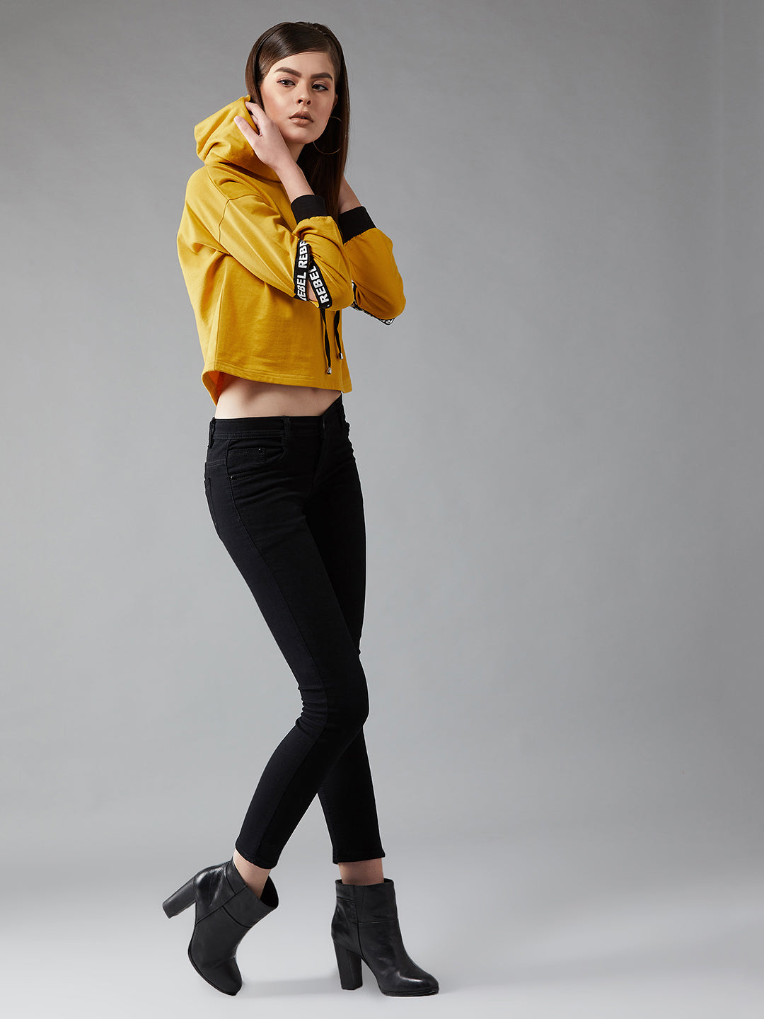 Women's Mustard Hooded Full Sleeves Solid Boxy Drawstring and Eyelet Detailing Cropped Sweatshirt