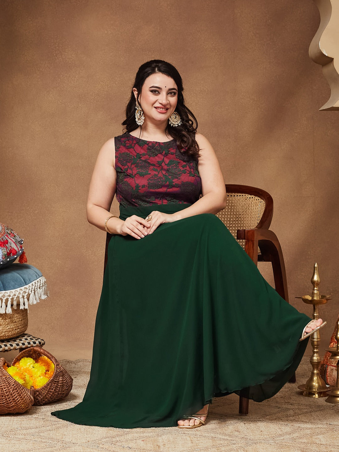 Dark Green Round Neck Sleeveless Georgette Floral Lace Fit & Flare Maxi Dress for Women