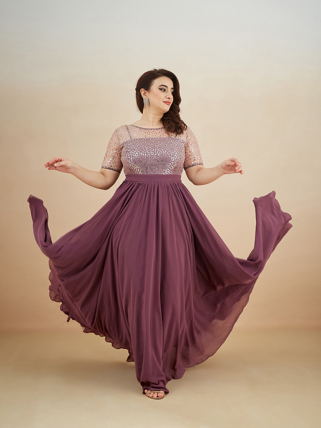 Mauve Relaxed Fit Maxi Georgette & Sequins Dress for Women