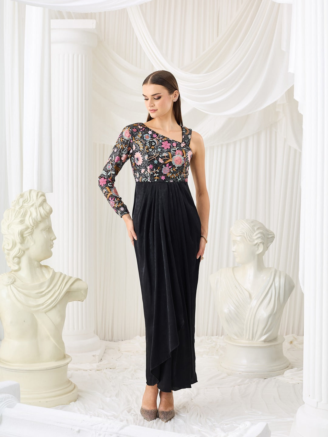 Luxe Satin Gown in Black with One-Shoulder Embroidery & Full Sleeve for Women
