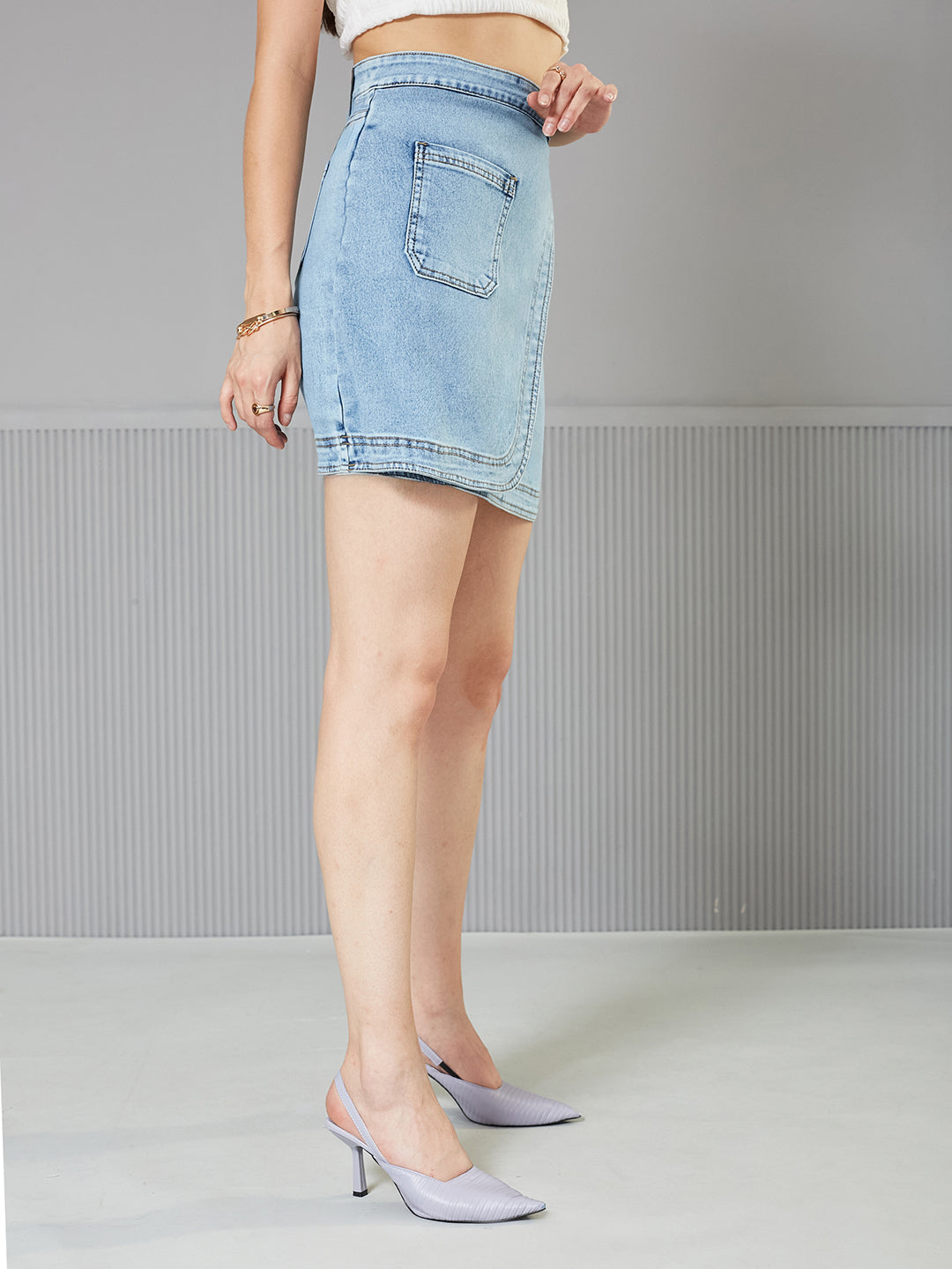 Women's Light Blue Regular High-Rise  Above-Knee Stretchable Denim Skirt