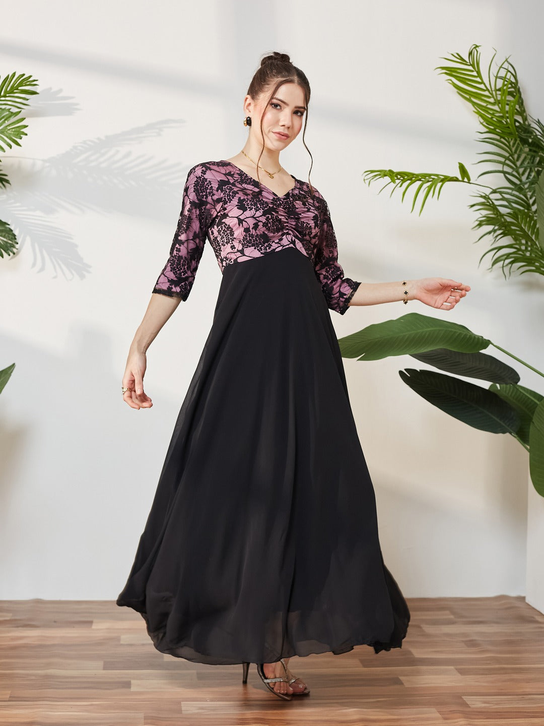 Black And Lavender Sweet heart neck 3/4 Sleeve Self Design Fit & Flare Maxi Dress for Women
