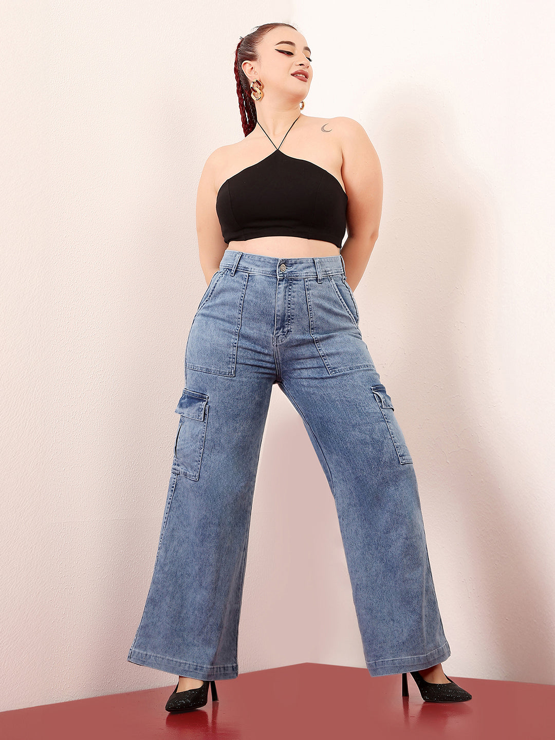 Women's Mid Blue Wide-Leg High-Rise Clean-Look Regular-Length Stretchable Cargo Denim Jeans
