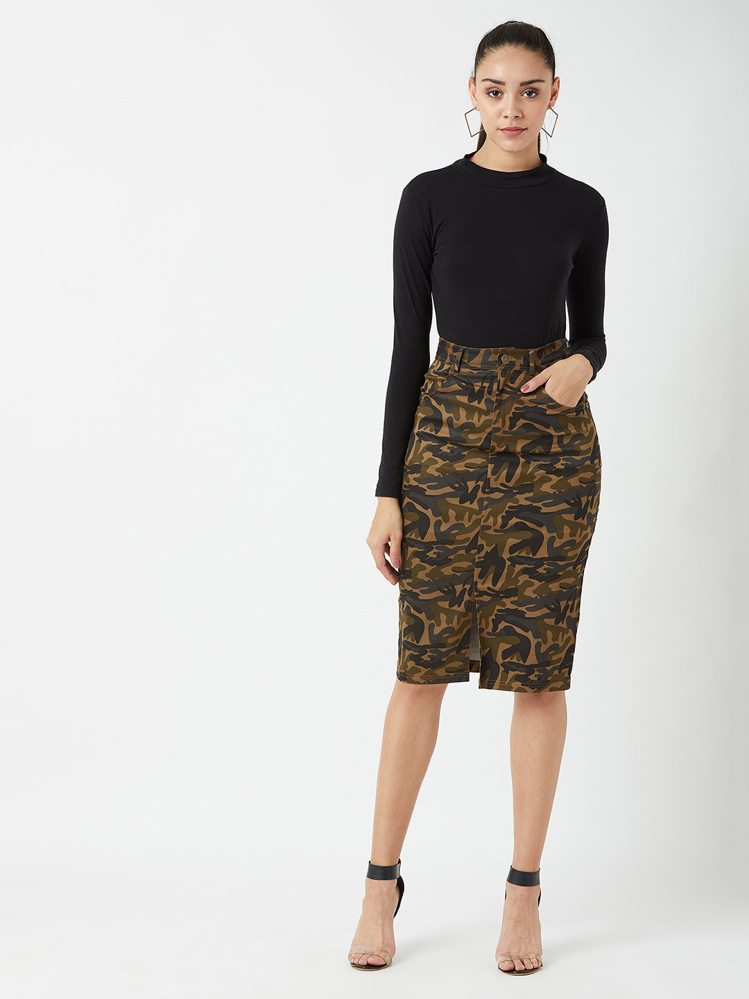 Women's Multicolor- Base Olive Green Cotton Printed Bodycon Midi Skirt