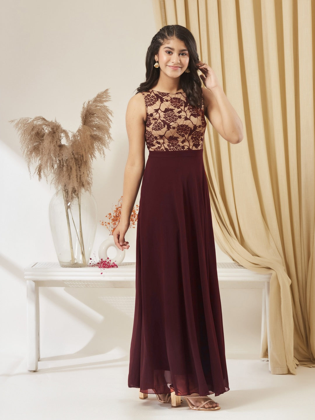 Beige & Wine Round Neck Sleeveless Georgette Floral Lace Fit & Flare Maxi Dress for Girls/Teenagers