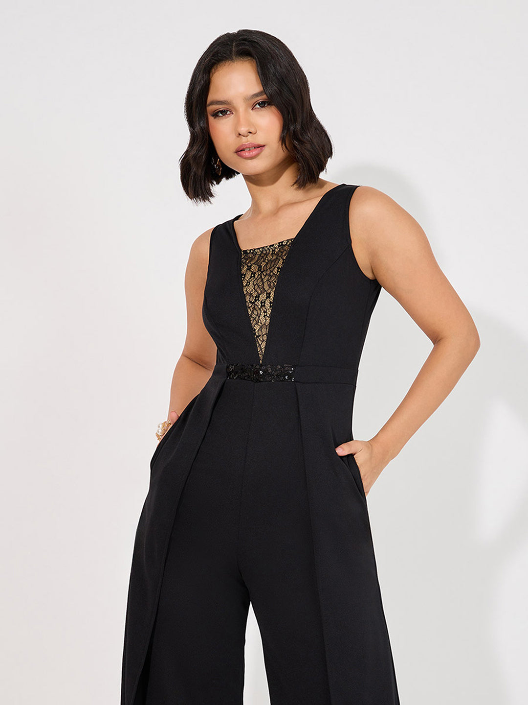 Women's Black Square-Neck Sleeveless Embellished Layered Polyester Jumpsuit