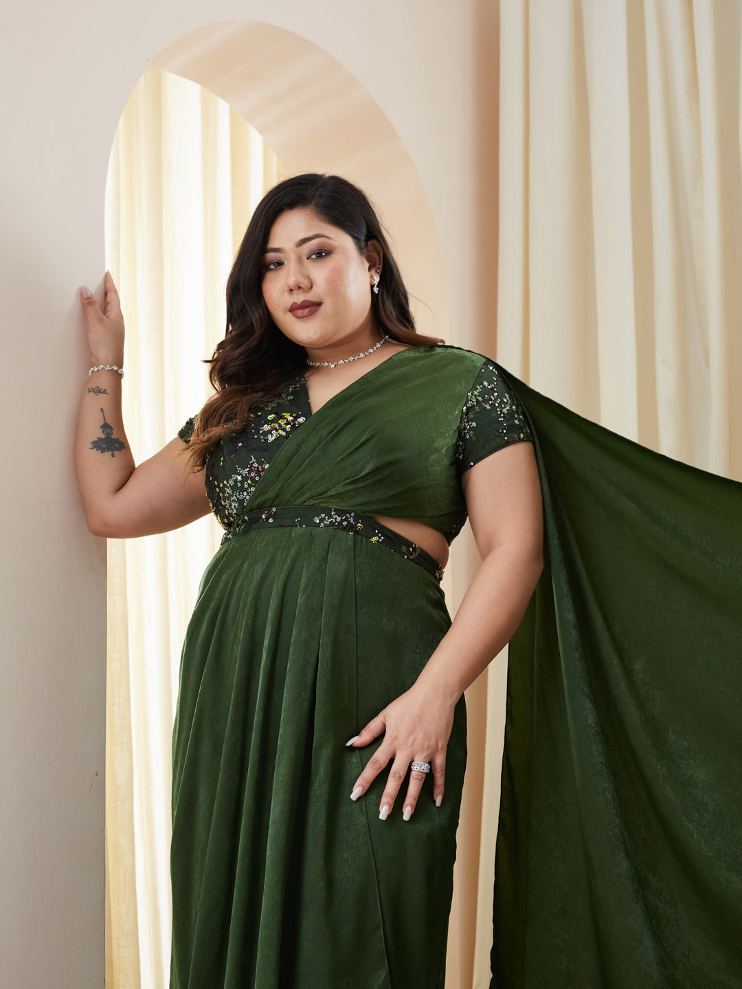 Olive V-Neck Short-Sleeve Embellished Draped Maxi Velvet Dress for Women