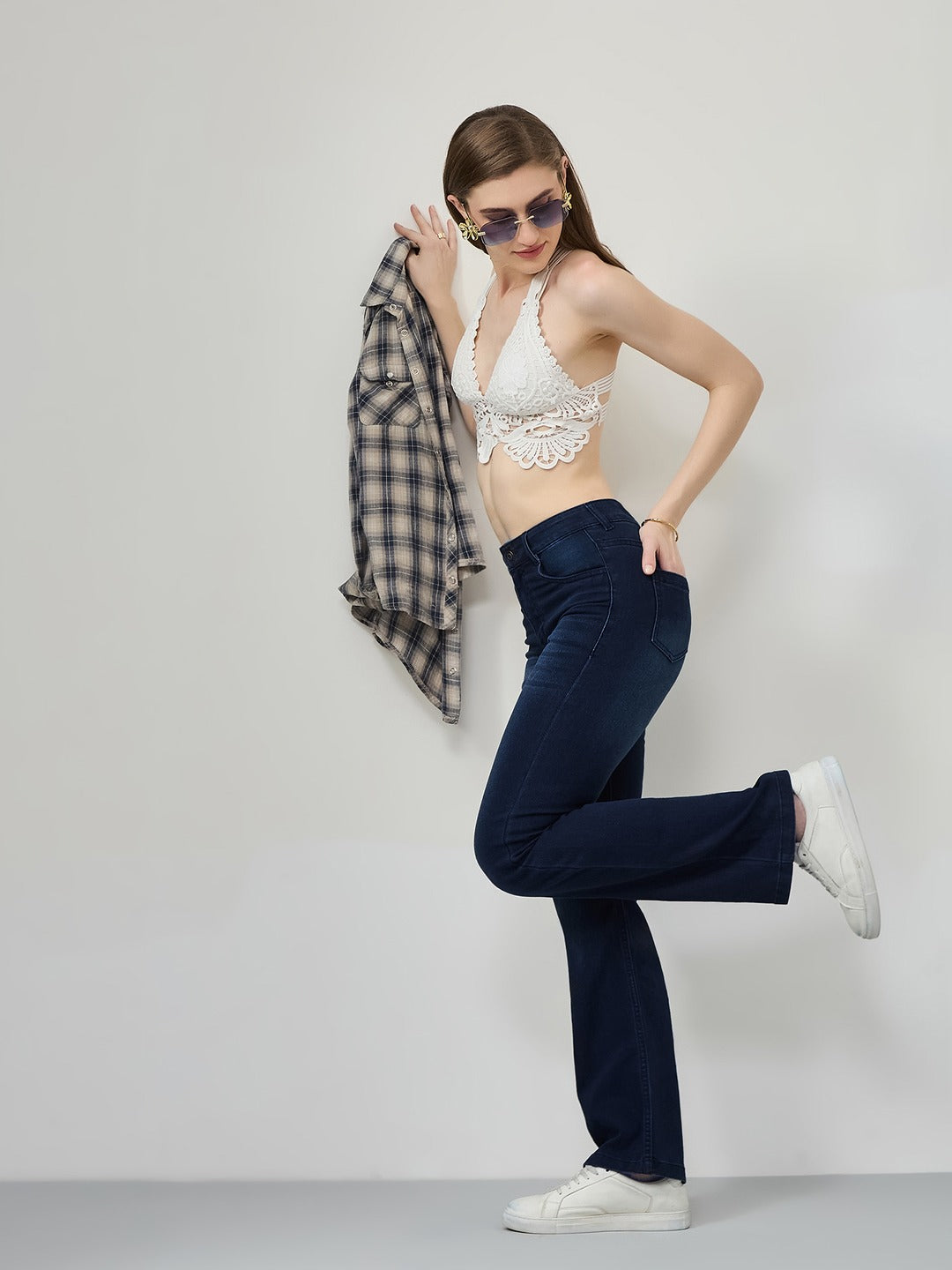 Navy blue Wide leg Mid rise Regular Stretchable Denim Jeans for Women