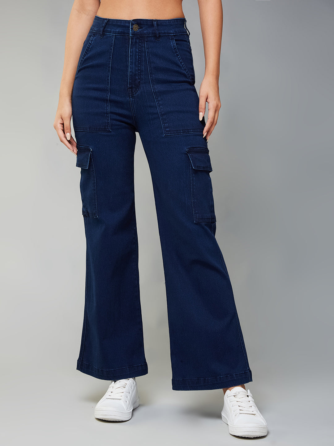 24/7 Comfort Women's Navy Blue Wide-Leg High Rise Clean Look Regular-Length Stretchable Denim Cargo Jeans