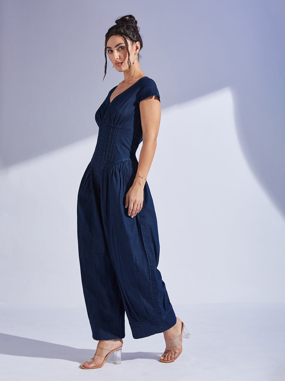 Women's Navy Blue Scoop Neck Cap Sleeve Pin Tucked Dhoti Style Denim Jumpsuit