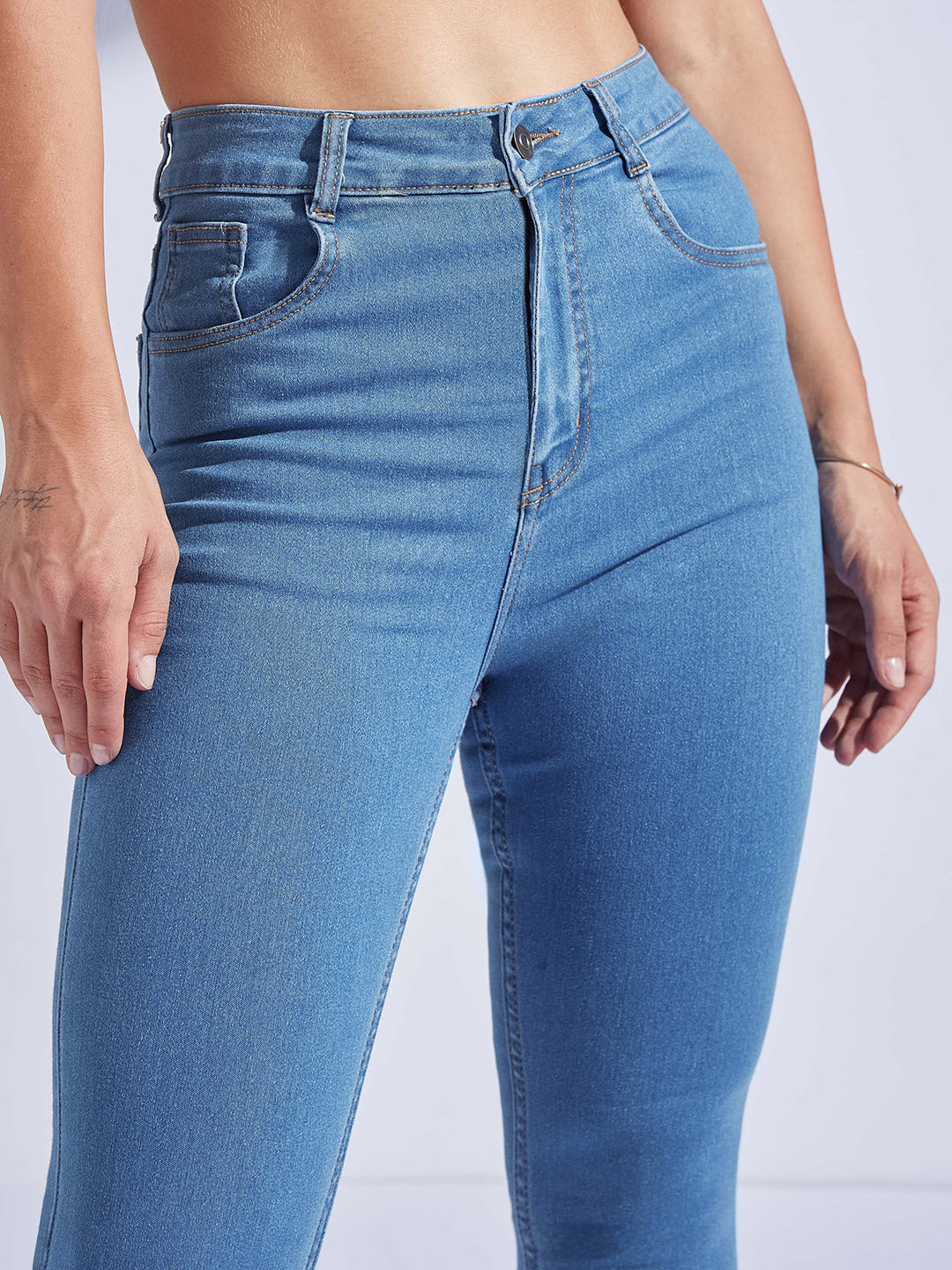 Women's Blue Solid Skinny High-Rise Cropped Fringe-Detailing Solid Stretchable Denim Jeans
