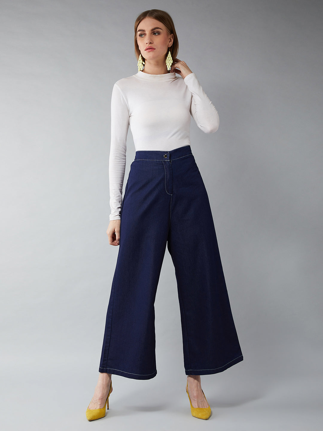 Women's Navy Blue Wide-Leg High Rise Light Weight Clean Look Regular Length Denim Pants