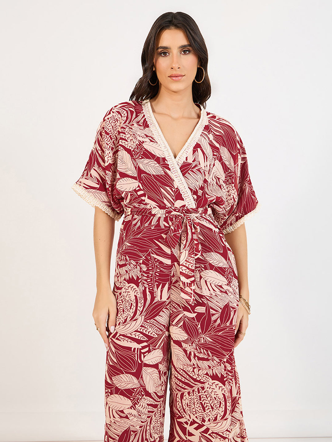 Women's Multicolored-Base-Maroon V-Neck Half Sleeve Floral Kimono Chiffon Jumpsuit