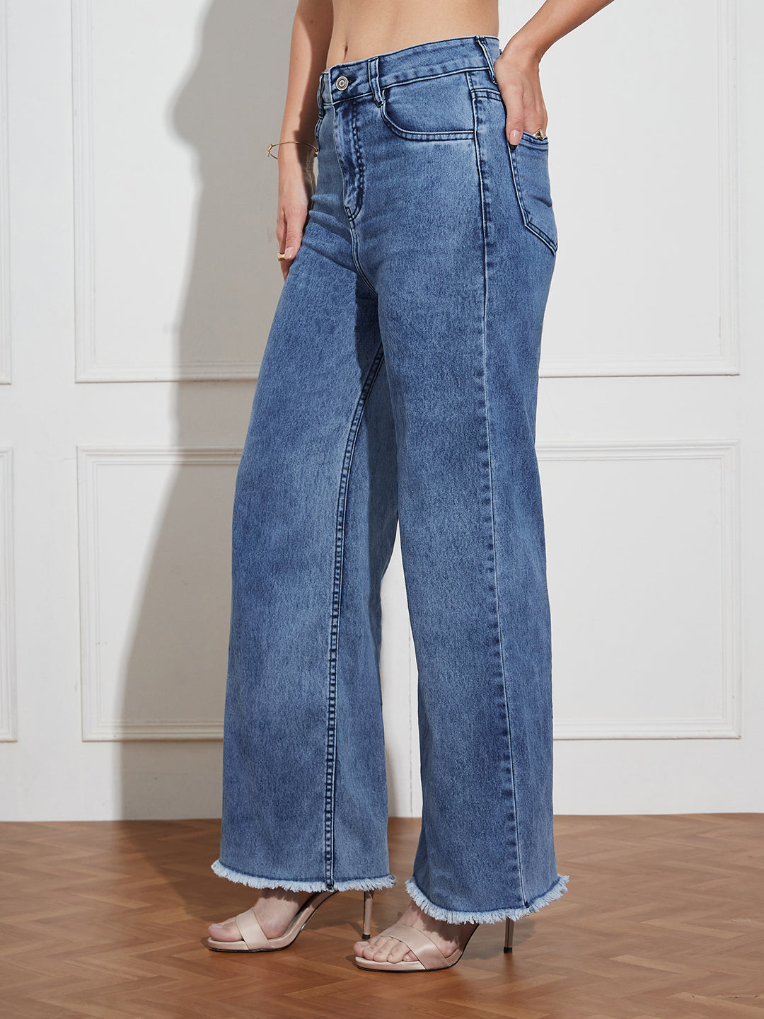 Women's Mid-Blue Wide-Leg High Rise Regular-Length Stretchable Denim Jeans