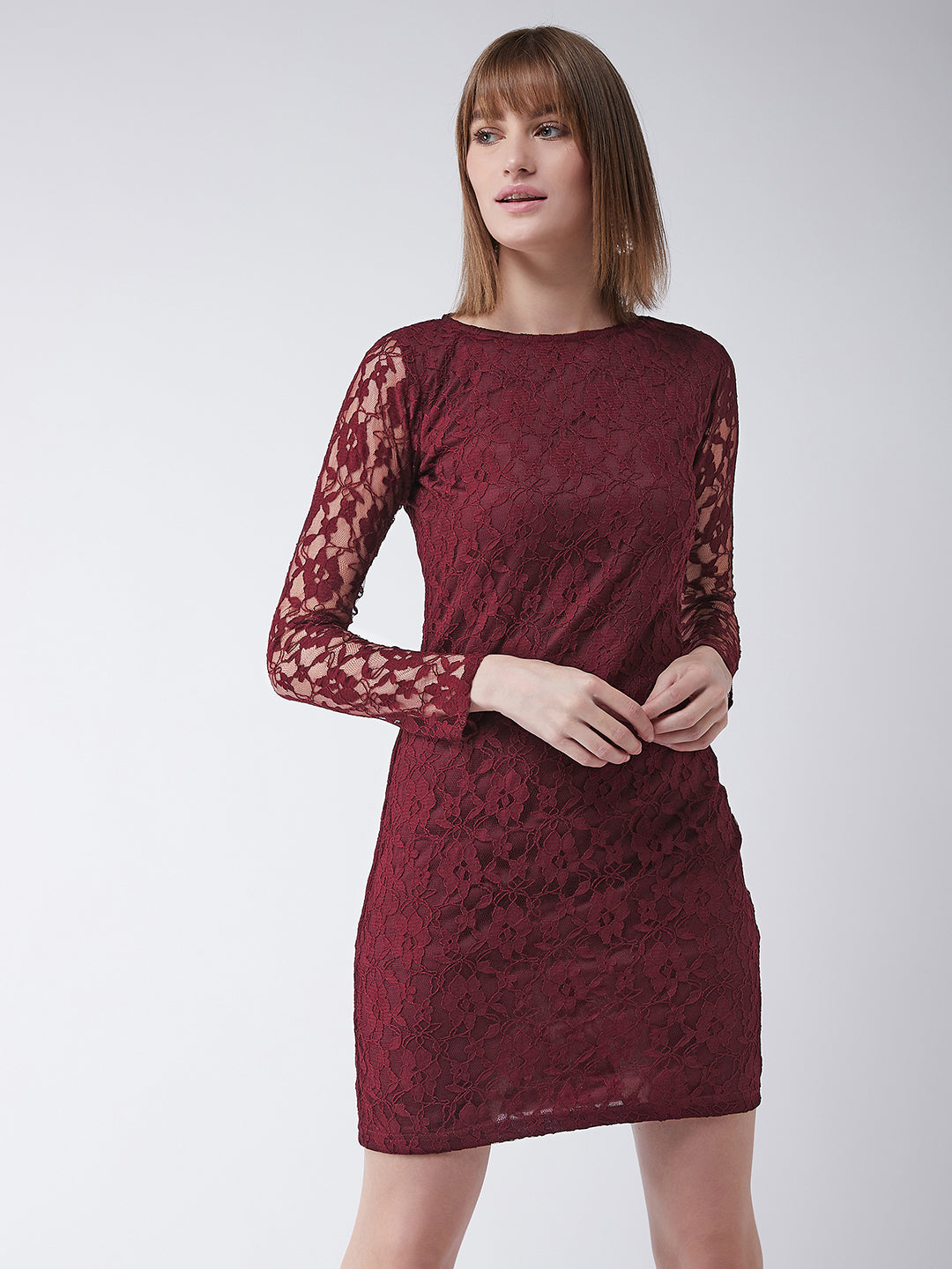 Women's Maroon Round Neck Full Sleeves Bodycon Dress