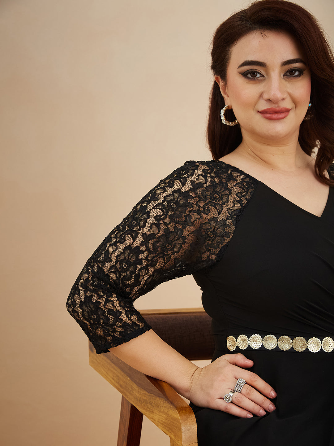 Black V-Neck Raglan Embellished Wrap Maxi Georgette Dress for Women