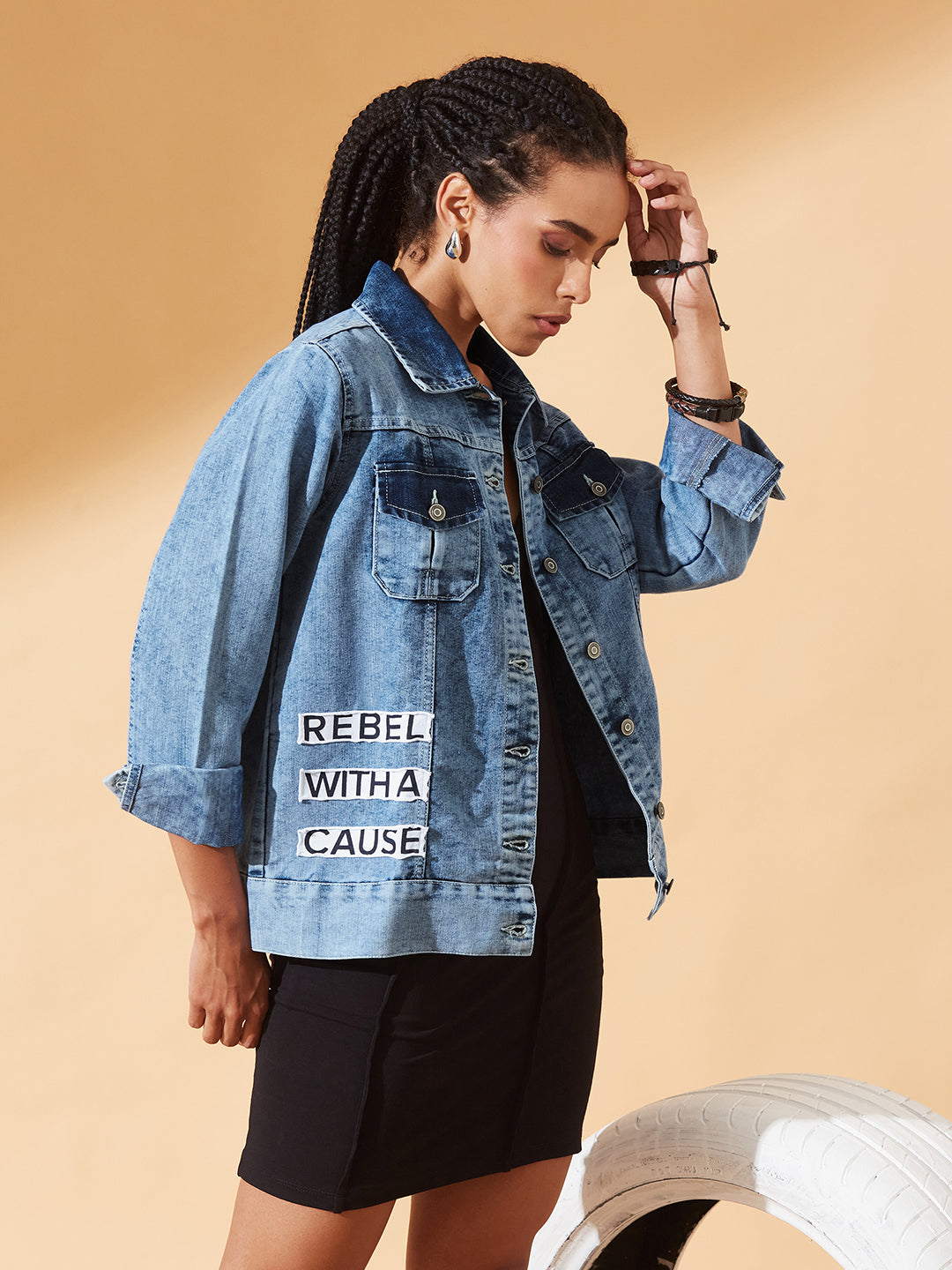 Light-Blue Polo Neck Solid Full Sleeve Bomber Jacket for Women